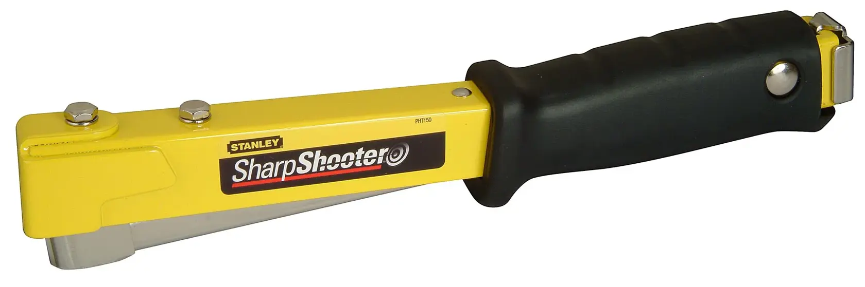 Stanley SharpShooter staple gun with a yellow body and black handle, suitable for heavy-duty stapling tasks.