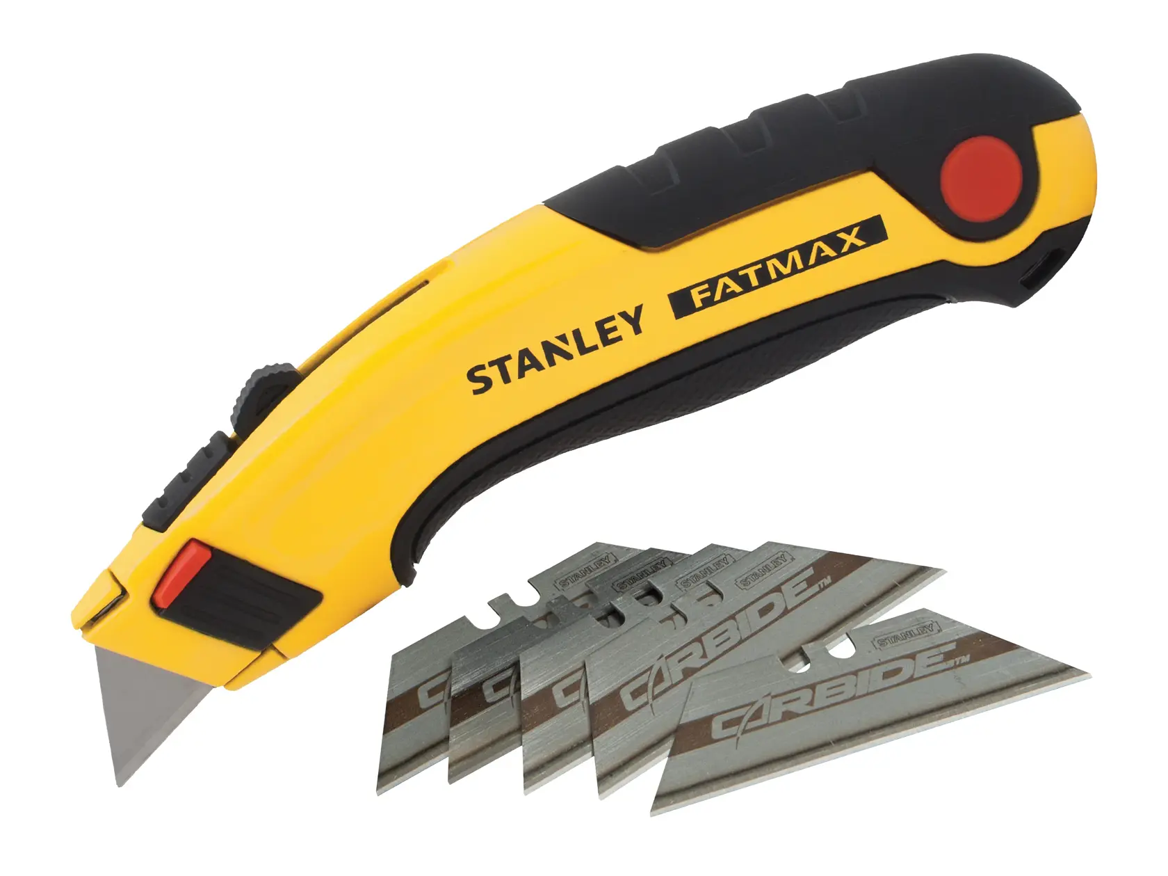 Photo of STANLEY 7-10-778 utility knife with yellow and black handle, shown with five replacement blades, side angle.