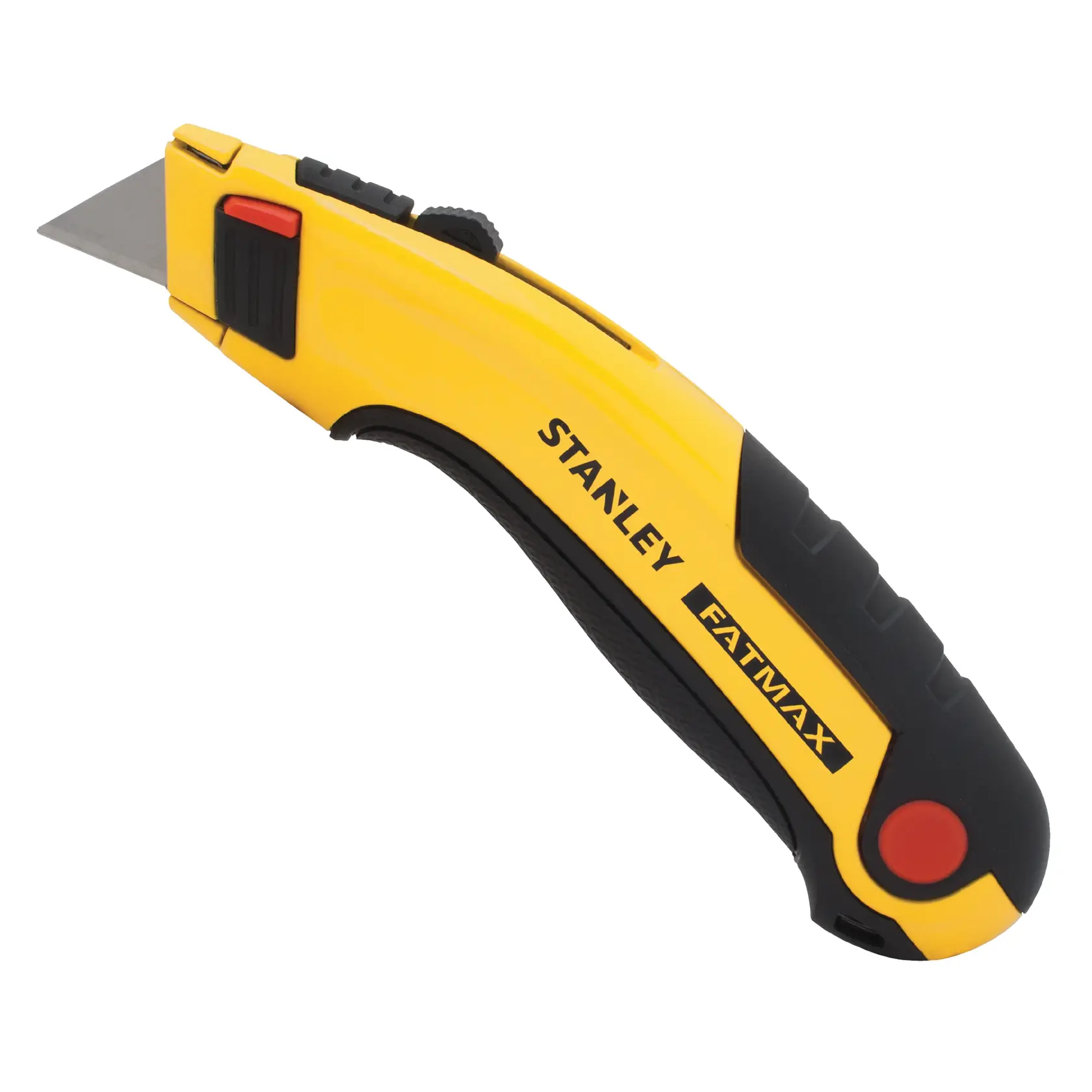 Stanley FatMax utility knife with yellow and black handle and exposed blade.
