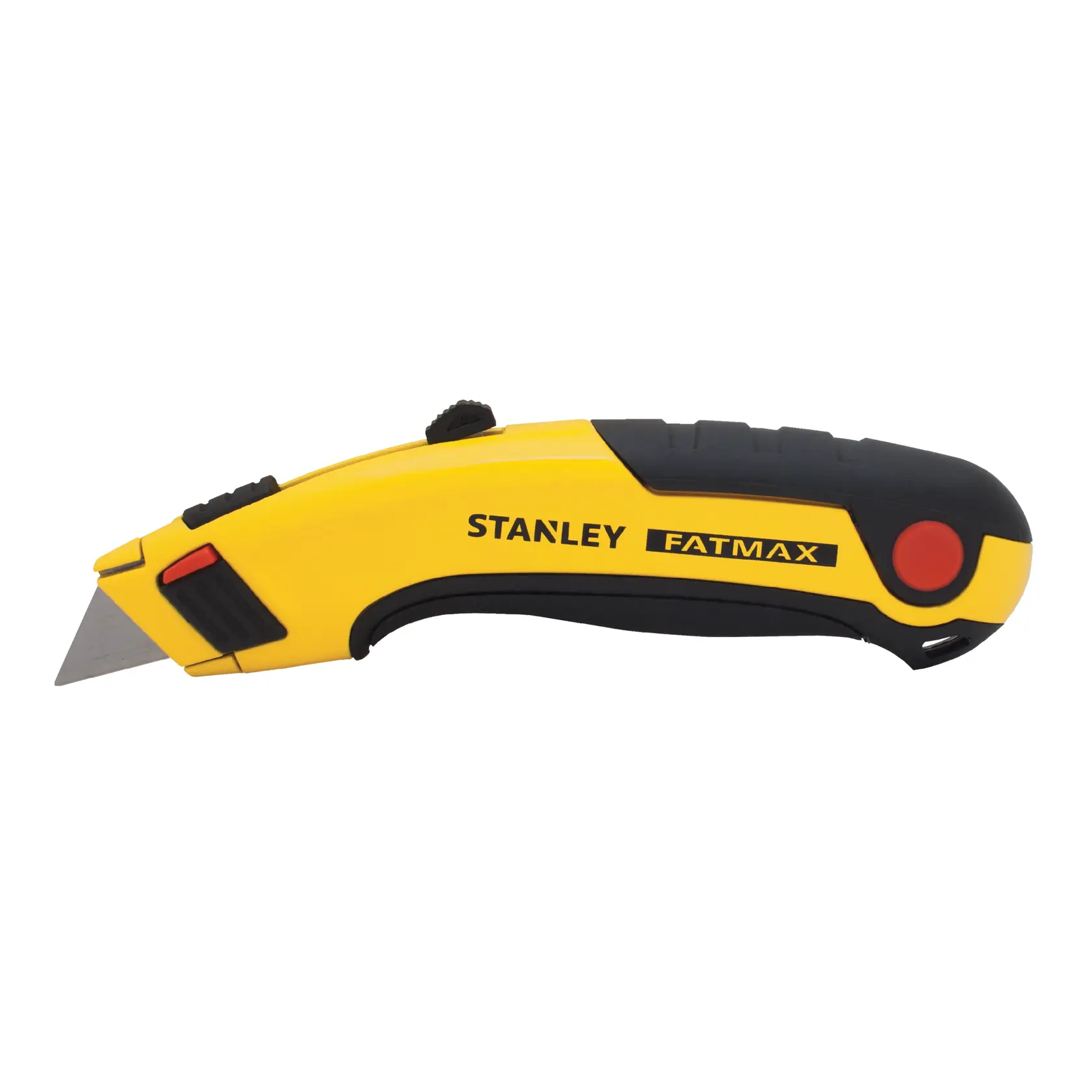 Stanley Fatmax yellow and black utility knife with retractable blade and ergonomic grip.