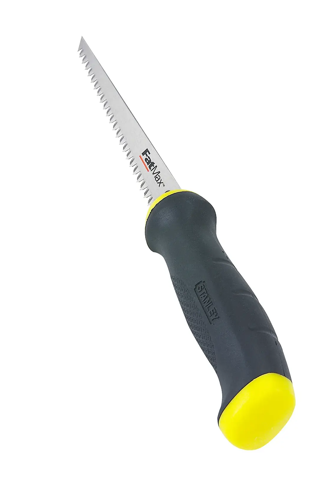 Stanley jab saw with black and yellow handle and serrated blade, suitable for cutting drywall or plasterboard.