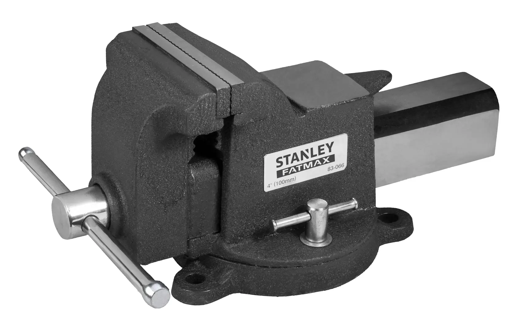 STANLEY 83-066 bench vise, black and silver, side angle on white background.