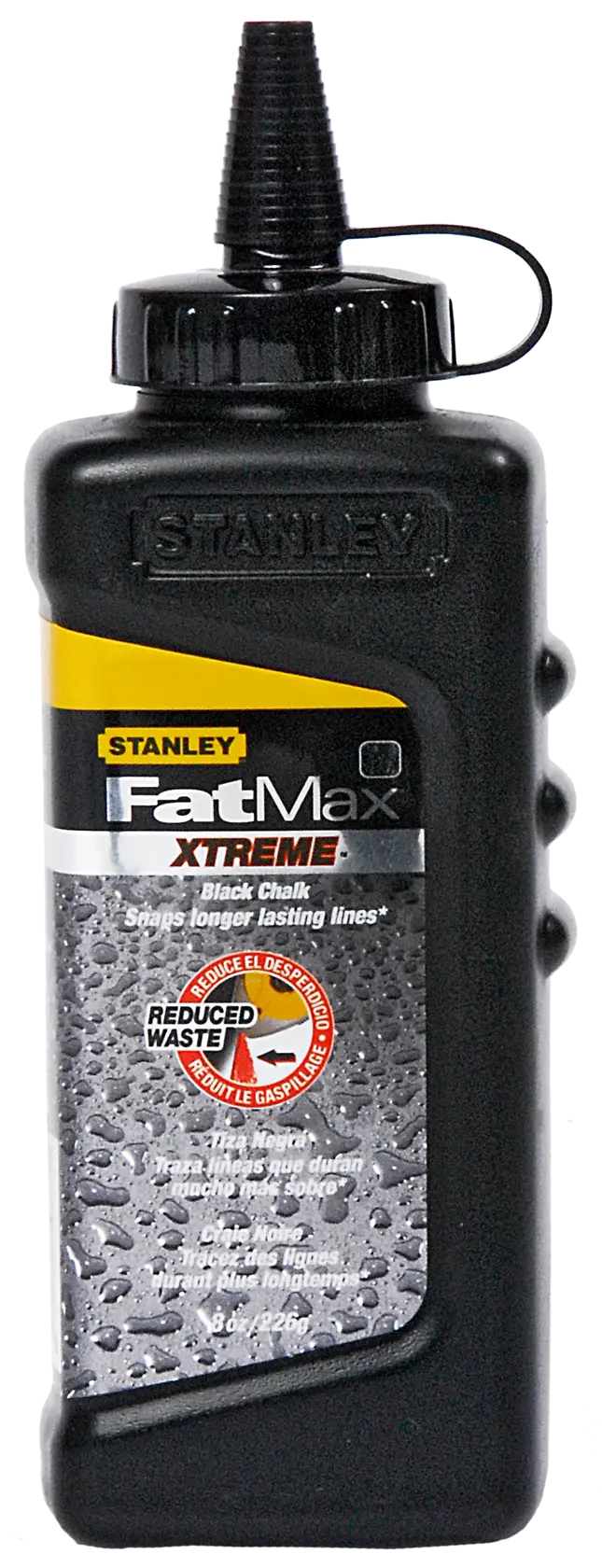 STANLEY 9-47-822 photography of black FatMax XTREME chalk bottle with pointed cap, front angle on white background.