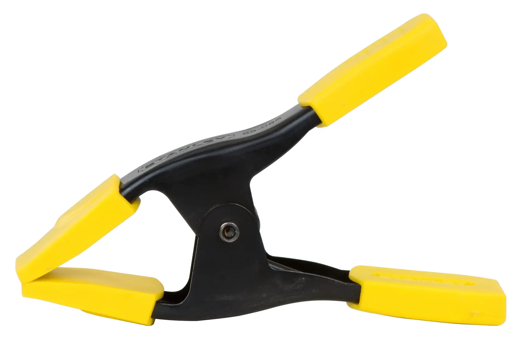 Black and yellow Stanley spring clamp tool, suitable for photography and holding objects securely.