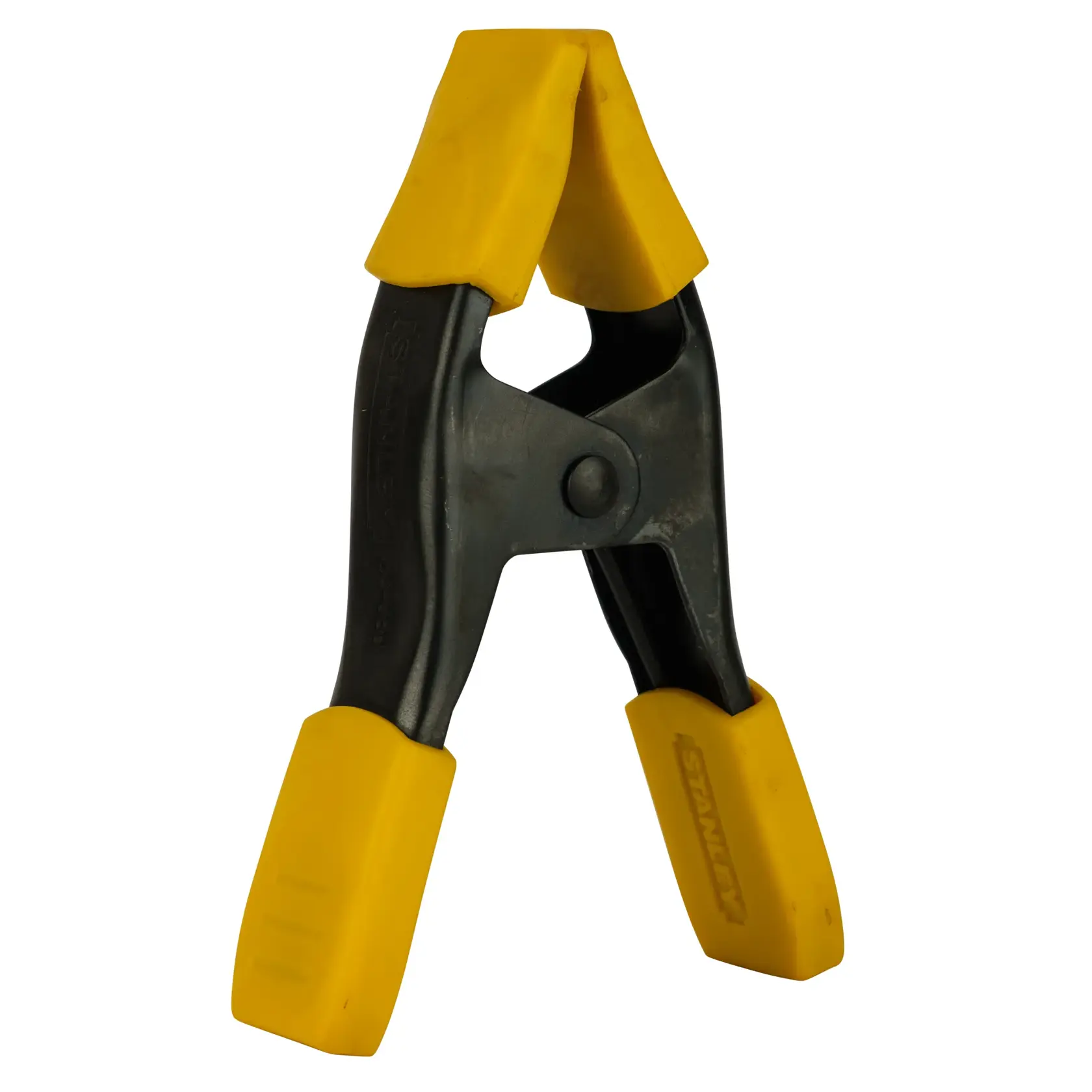 Stanley photography clamp with yellow rubber grips for holding materials securely.