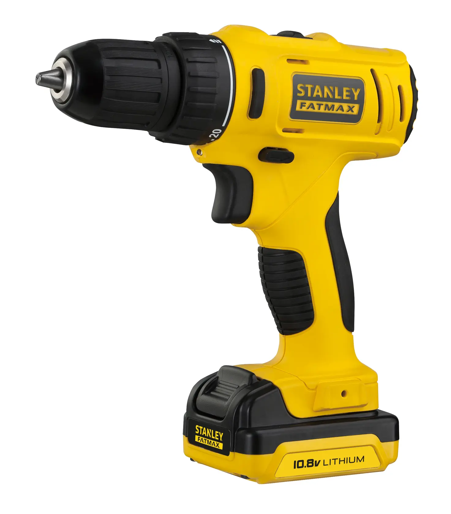 STANLEY FMC011S2 cordless drill, yellow and black, side angle, with 10.8V lithium battery.