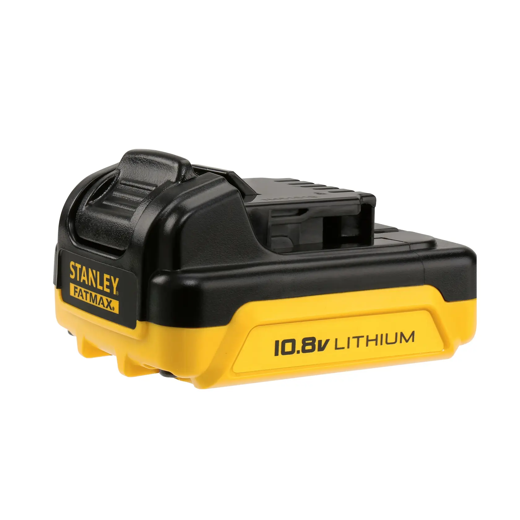 STANLEY FMC011S2 lithium battery 10.8V, yellow and black, angled front view, photography product.