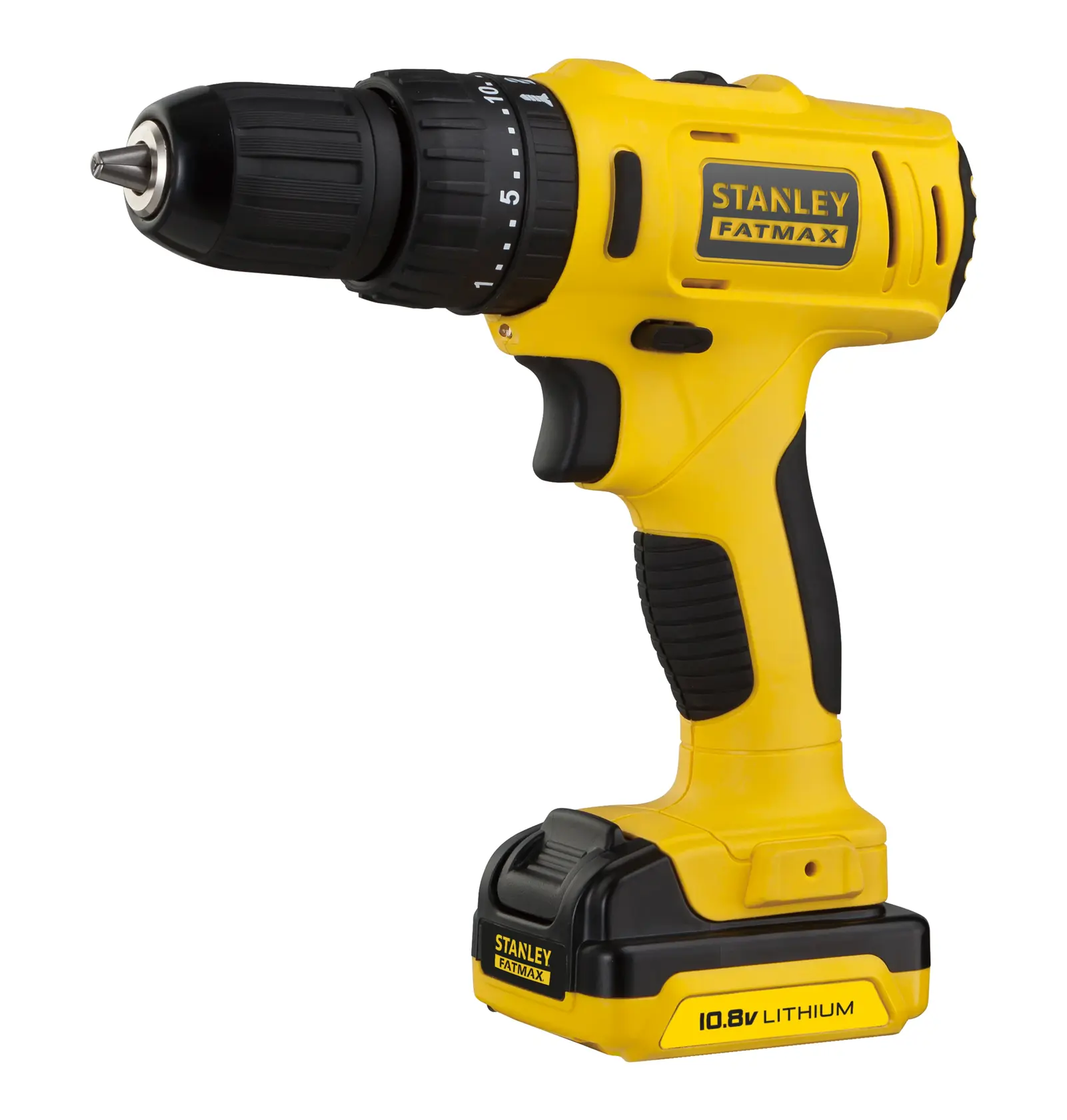 STANLEY FMC021S2 yellow cordless drill front angle, FATMAX branding, 10.8V lithium battery visible.