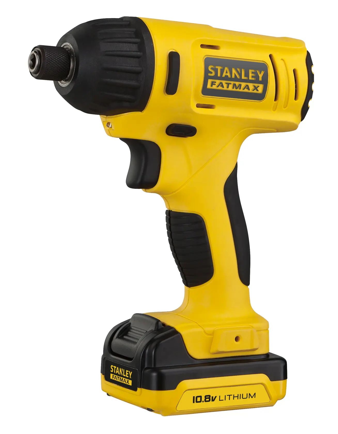 STANLEY FMC041S2 yellow and black cordless impact driver, 10.8V lithium, front-left angle on white background.