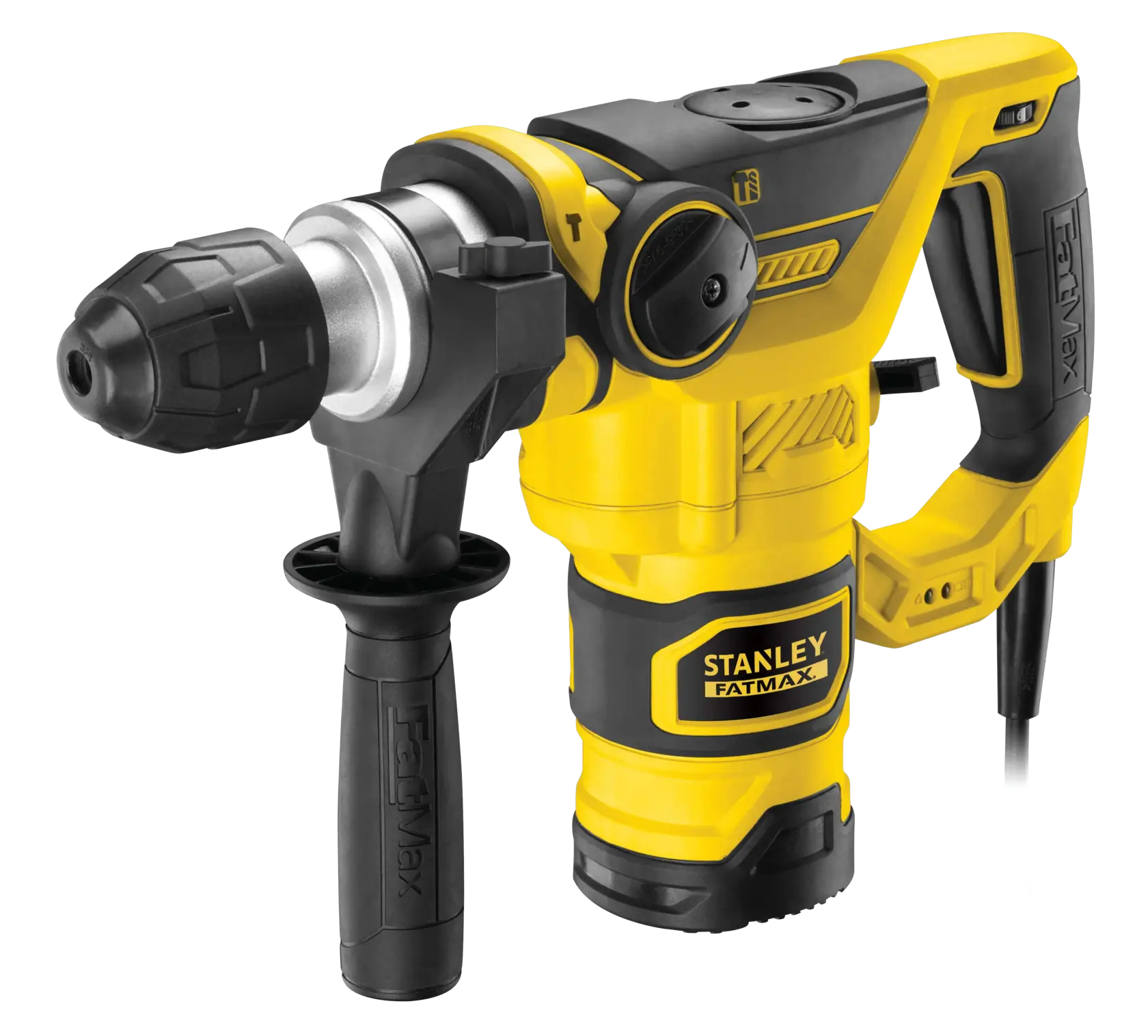 STANLEY FME1250K rotary hammer, yellow and black, front angle on white background.