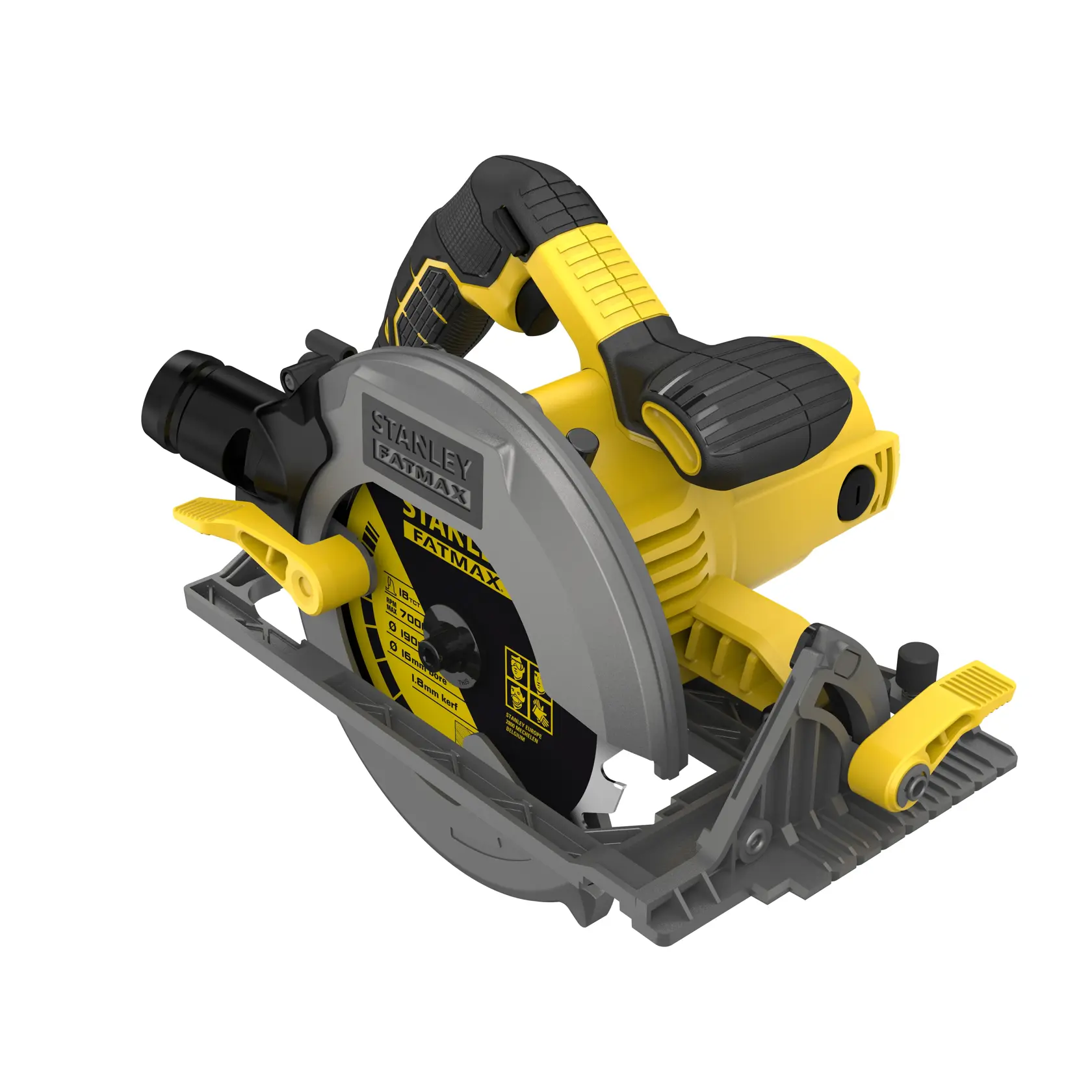 STANLEY FME301K circular saw, yellow and black, side angle, showing blade and ergonomic handle.