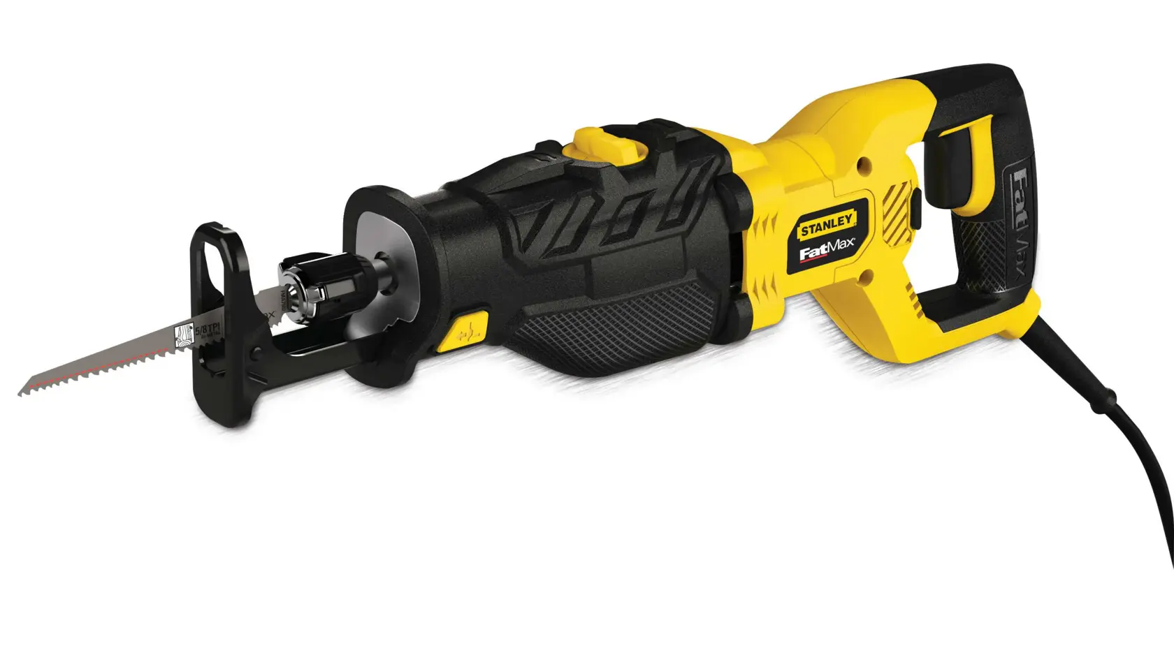 STANLEY FME365K reciprocating saw, yellow and black, side angle on white background.