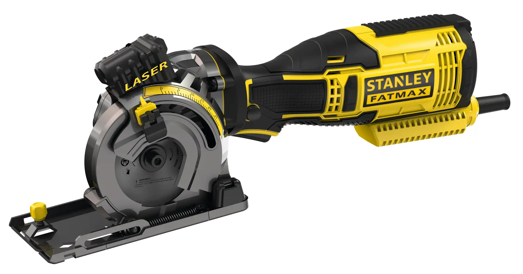 STANLEY FME380K compact circular saw with laser guide, black and yellow housing, product side view.