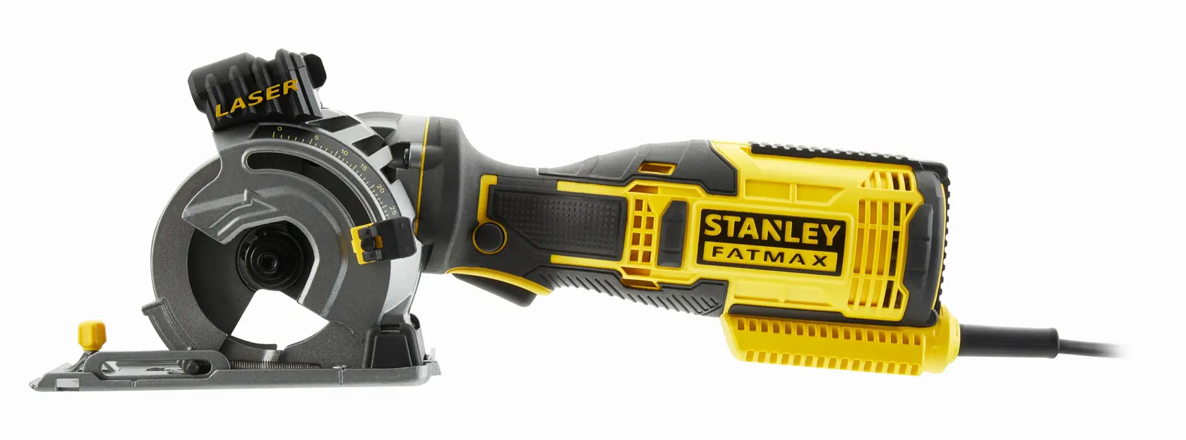 Stanley FatMax handheld electric circular saw with laser guide and black-yellow body.