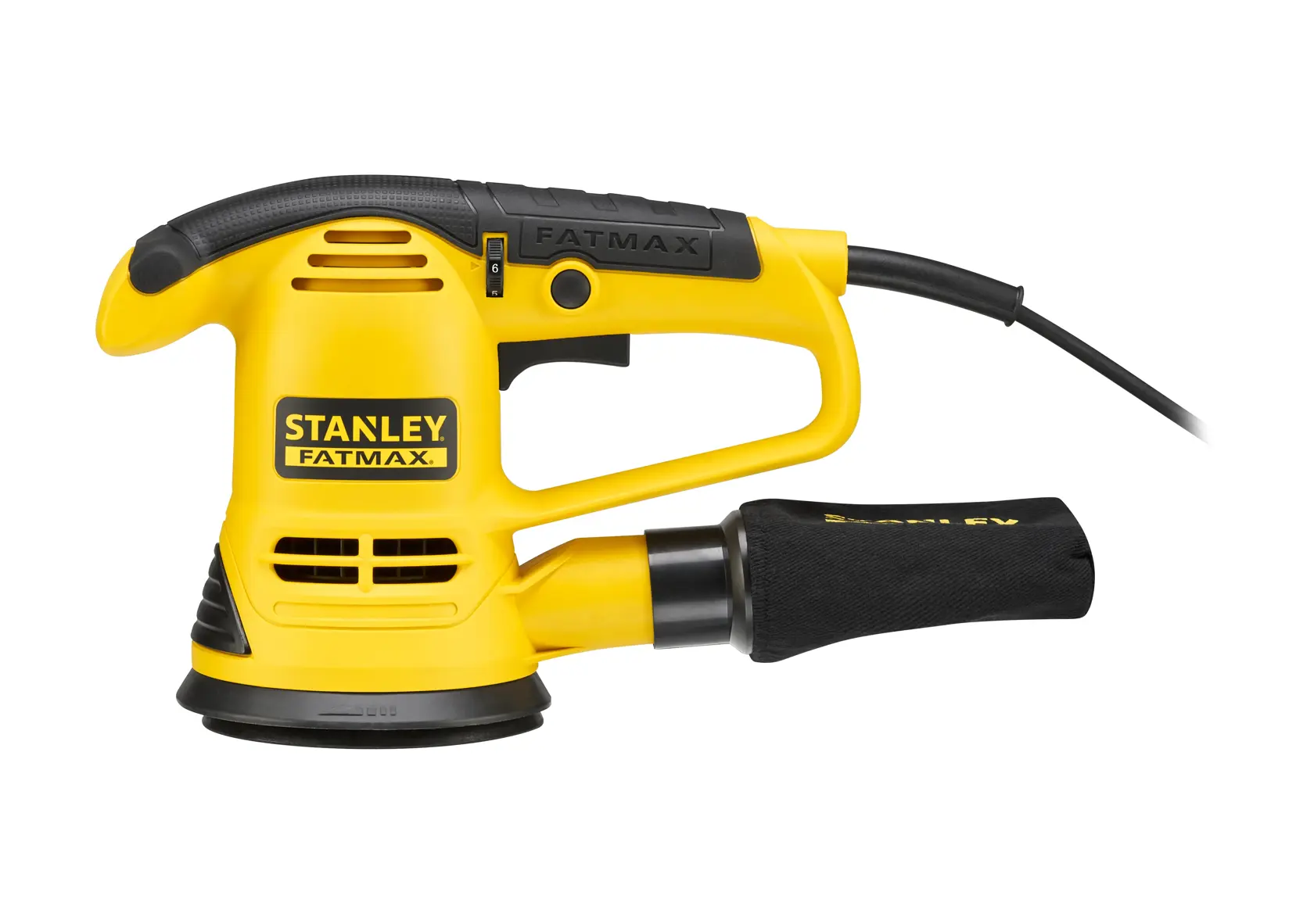 Stanley FME440K corded yellow orbital sander, side view on white background.