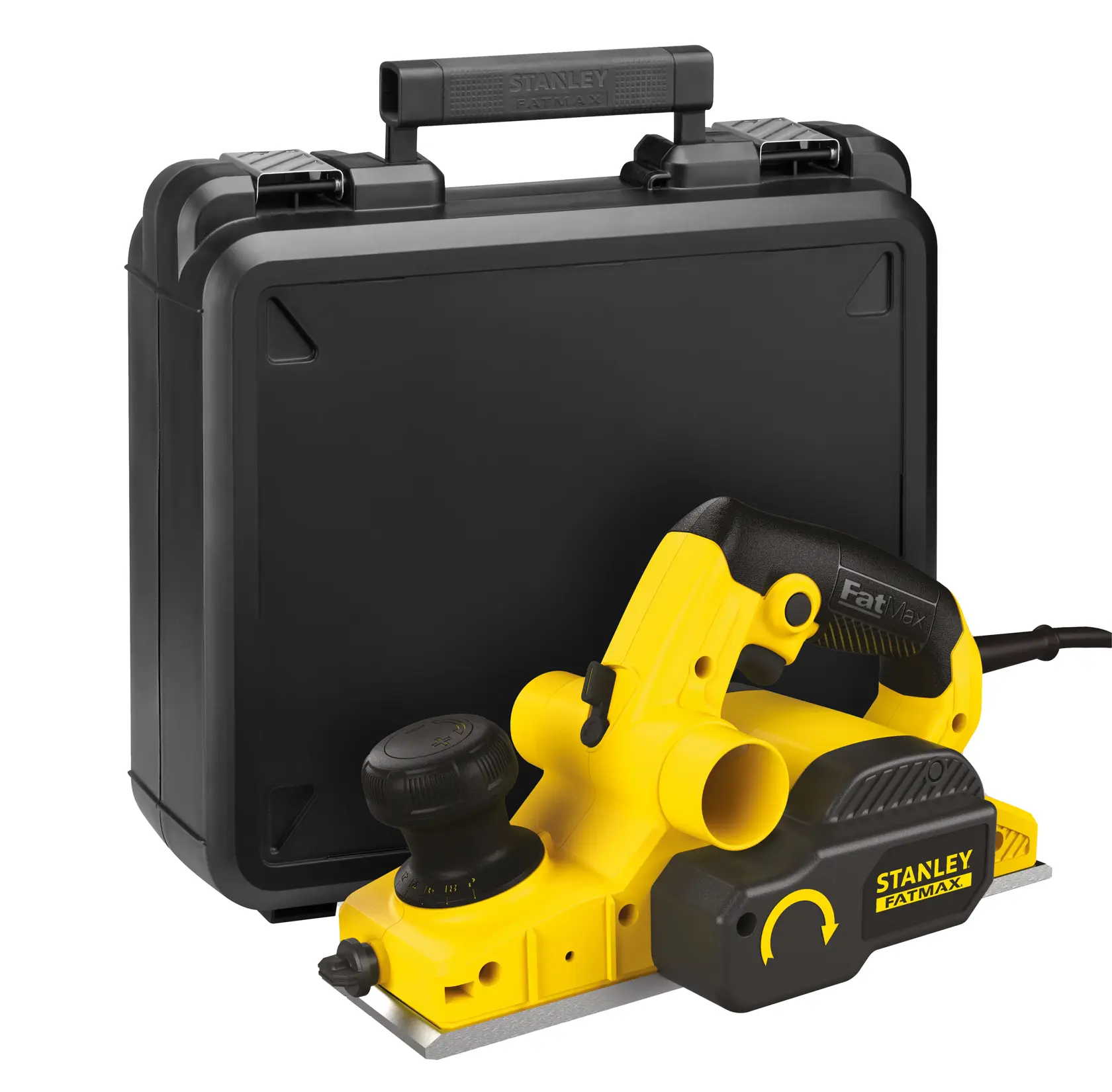 STANLEY FME630K electric planer in yellow and black with carrying case, front angle on white background.