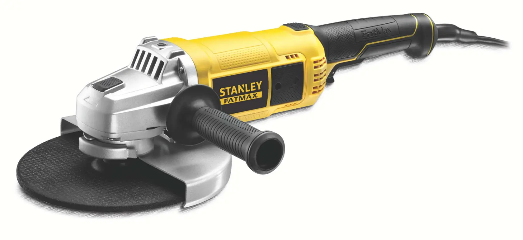 STANLEY FME841 angle grinder with yellow and black body, side handle, product on white background, front-right view.