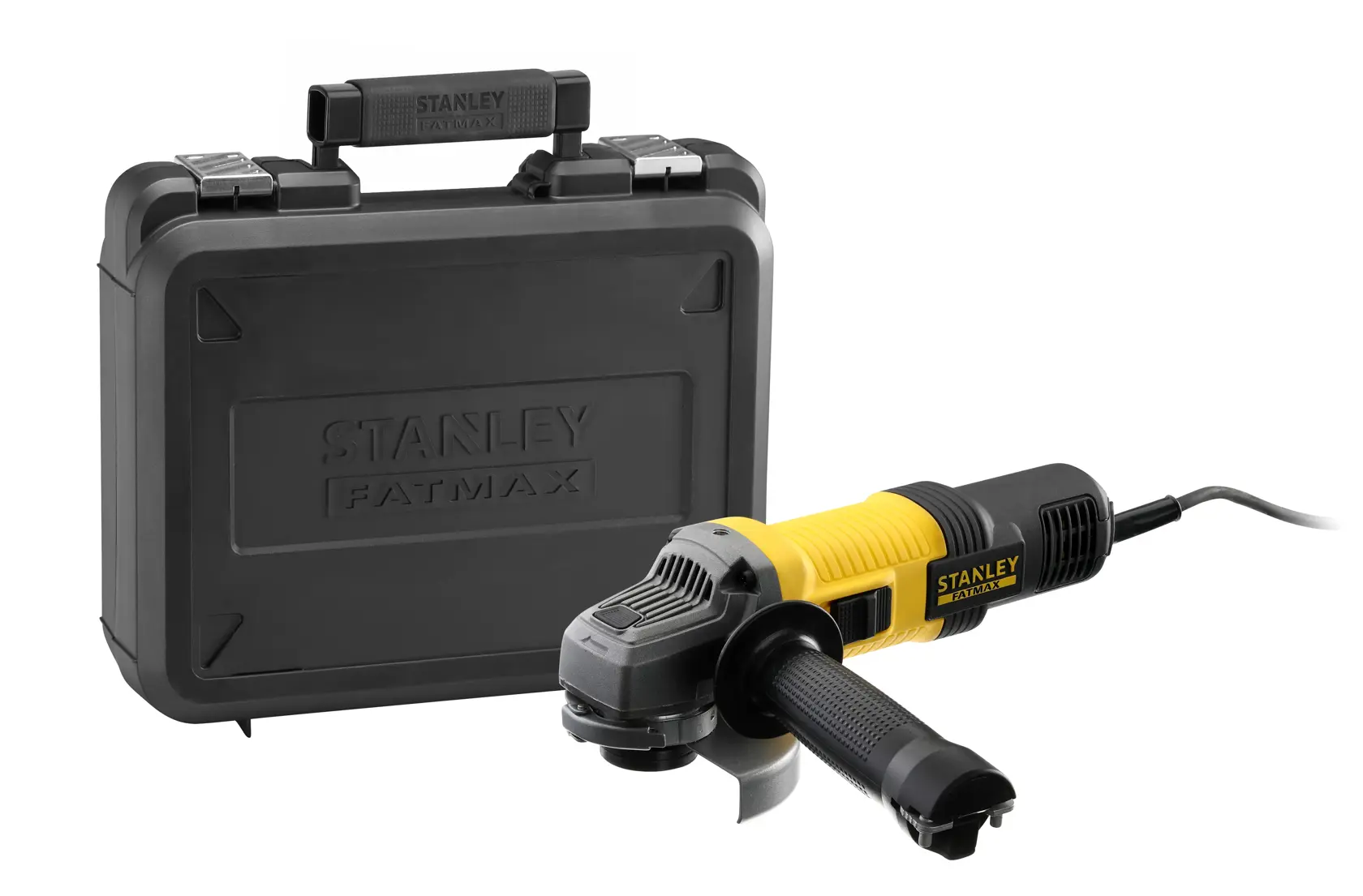 STANLEY FMEG210K angle grinder with black and yellow body, shown with hard plastic carrying case, front angle.