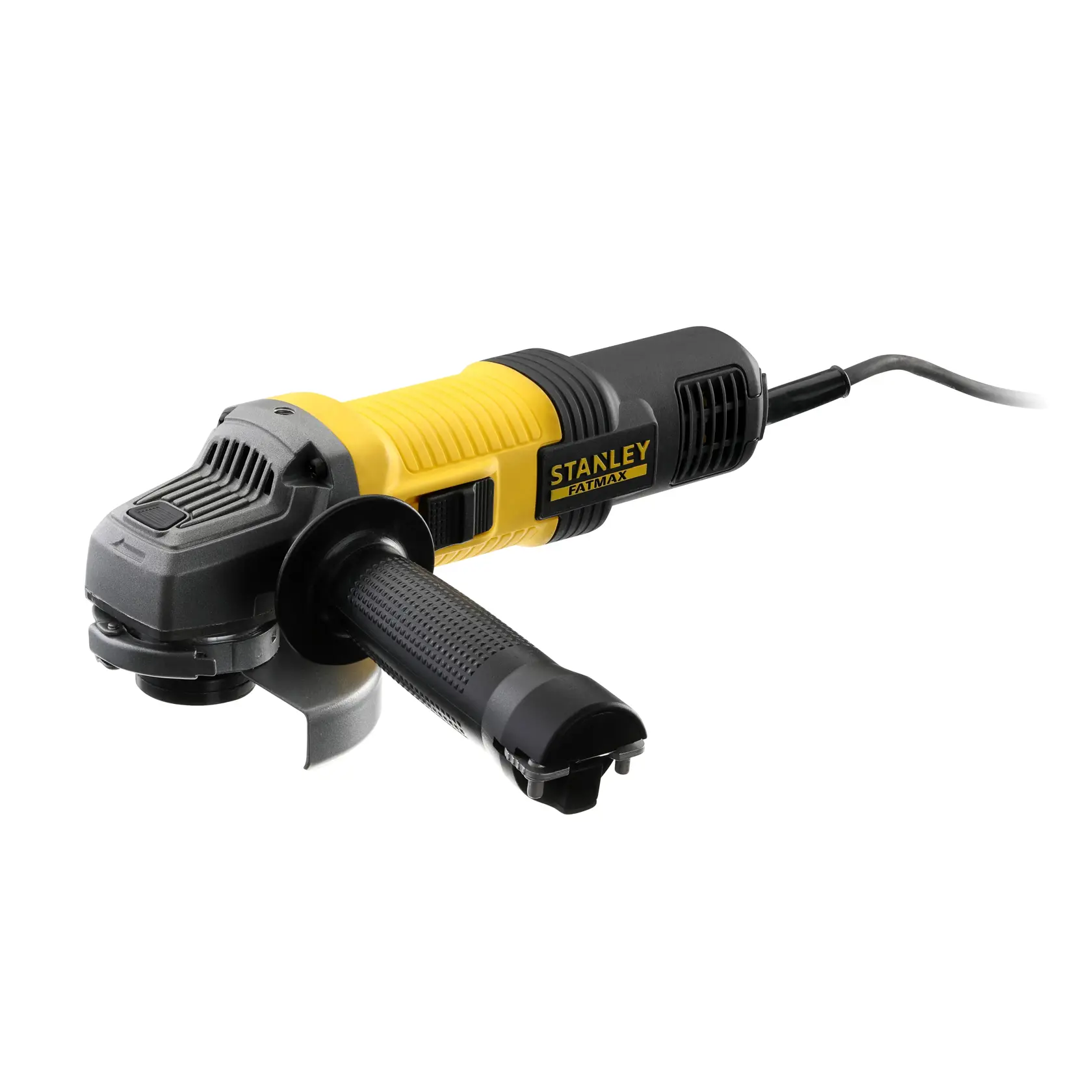 STANLEY FMEG210 angle grinder with side handle, yellow and black, product photo on white background.