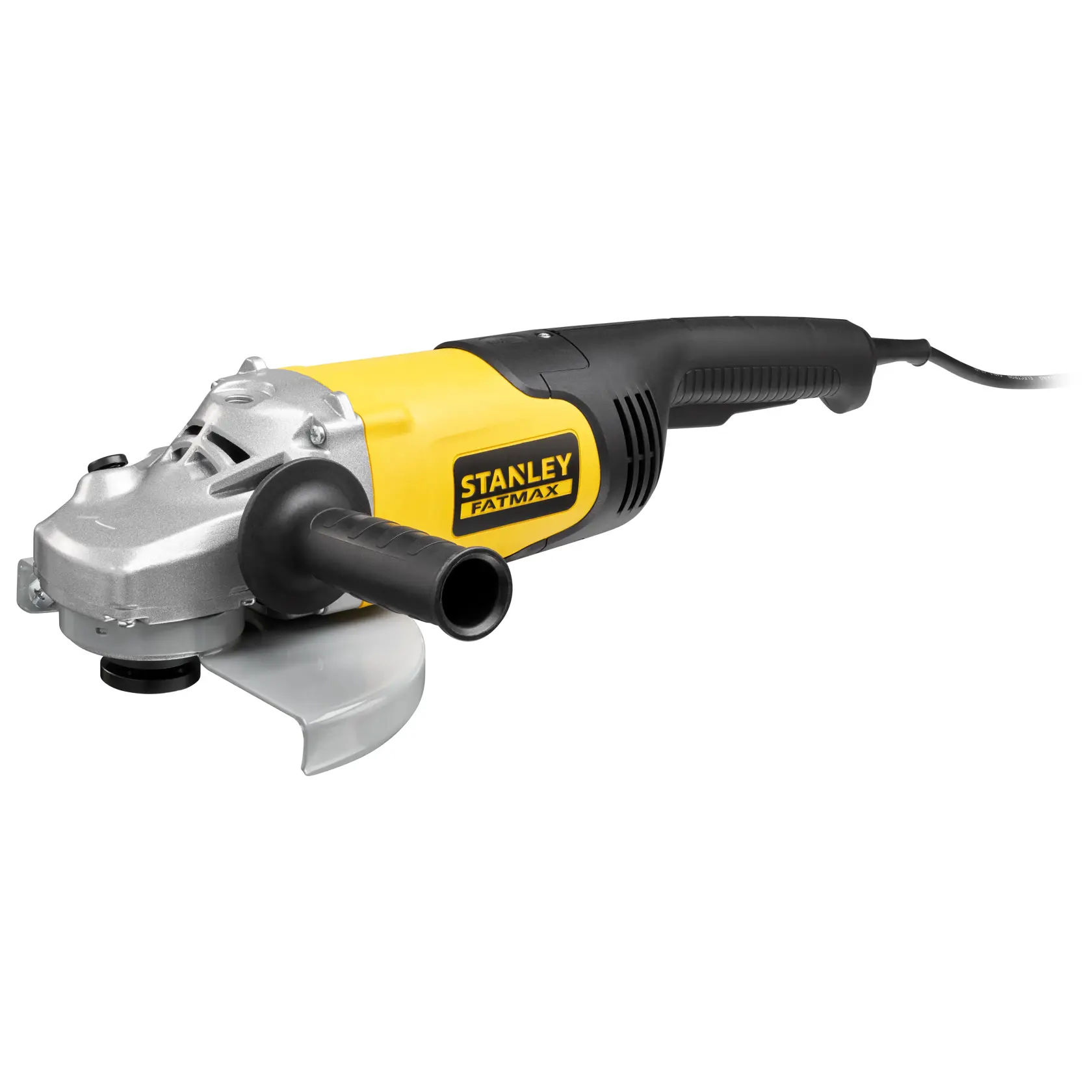 Stanley Fatmax angle grinder with yellow and black body and side handle, connected by a power cord.