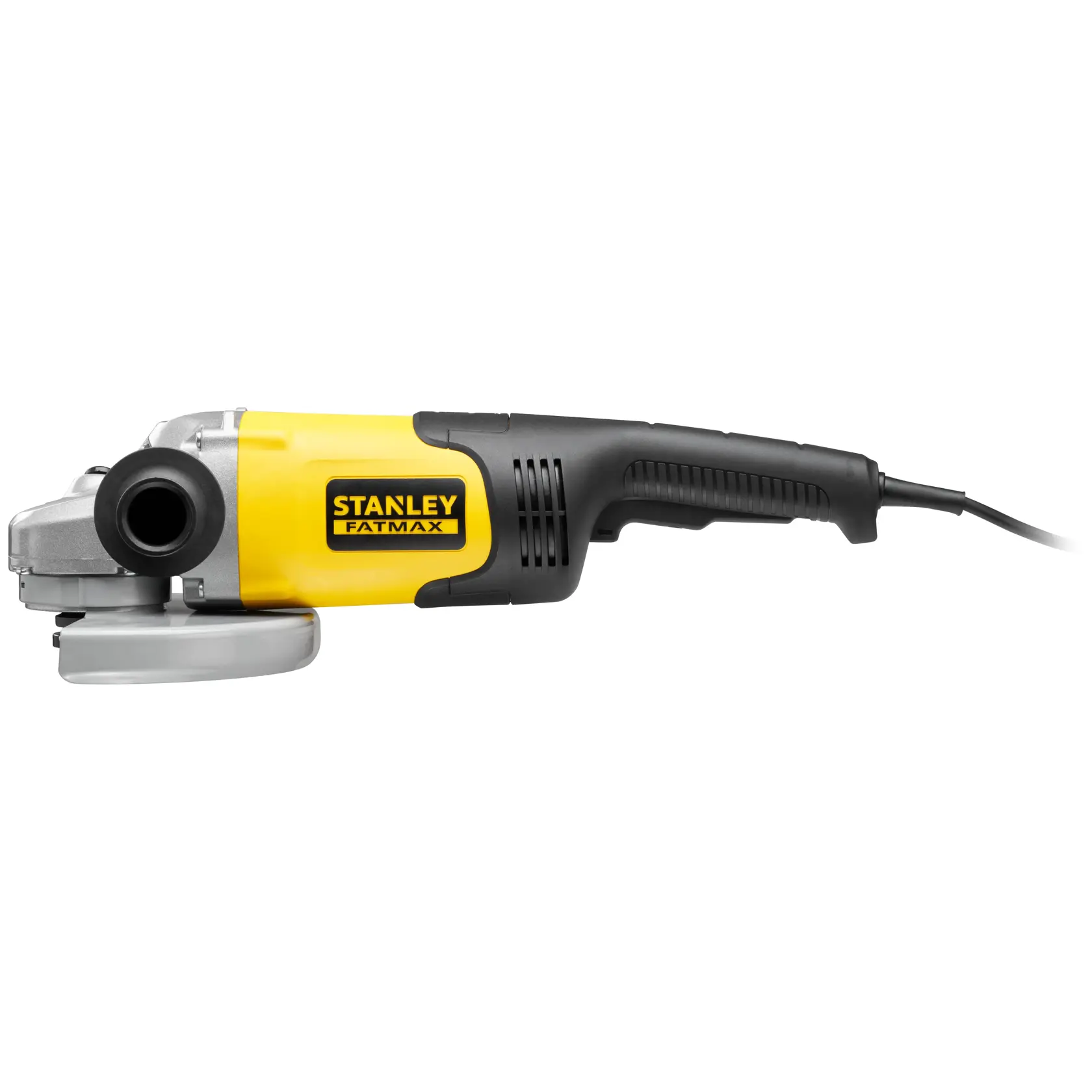 Stanley Fatmax electric angle grinder with yellow and black housing, side view on white background.