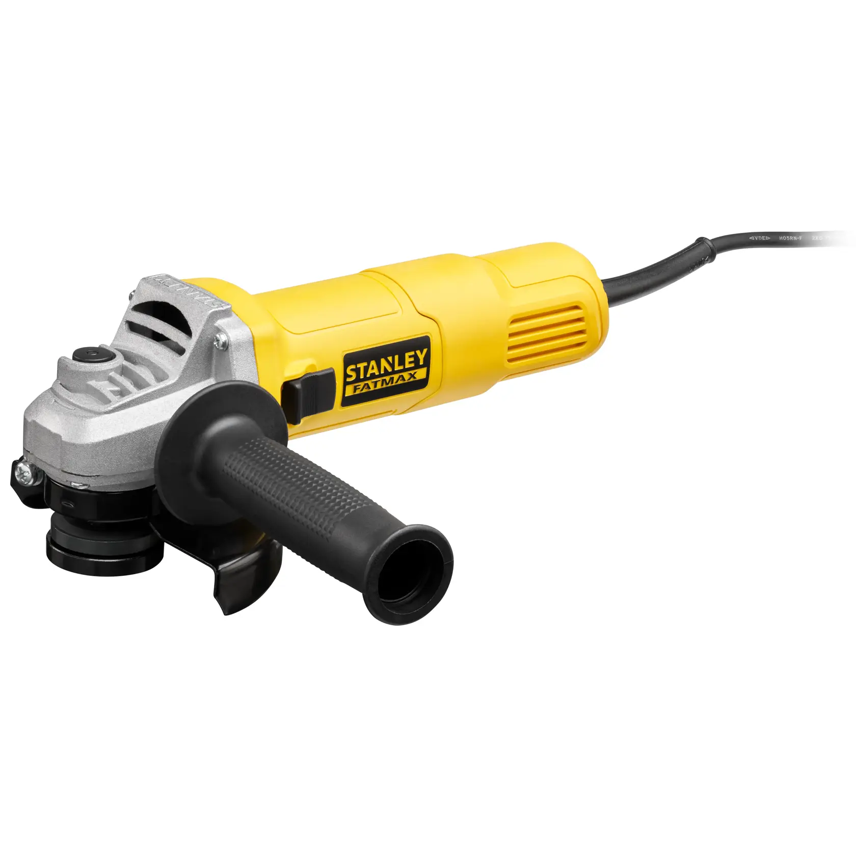 Stanley Fatmax yellow corded angle grinder with side handle for cutting and grinding tasks.