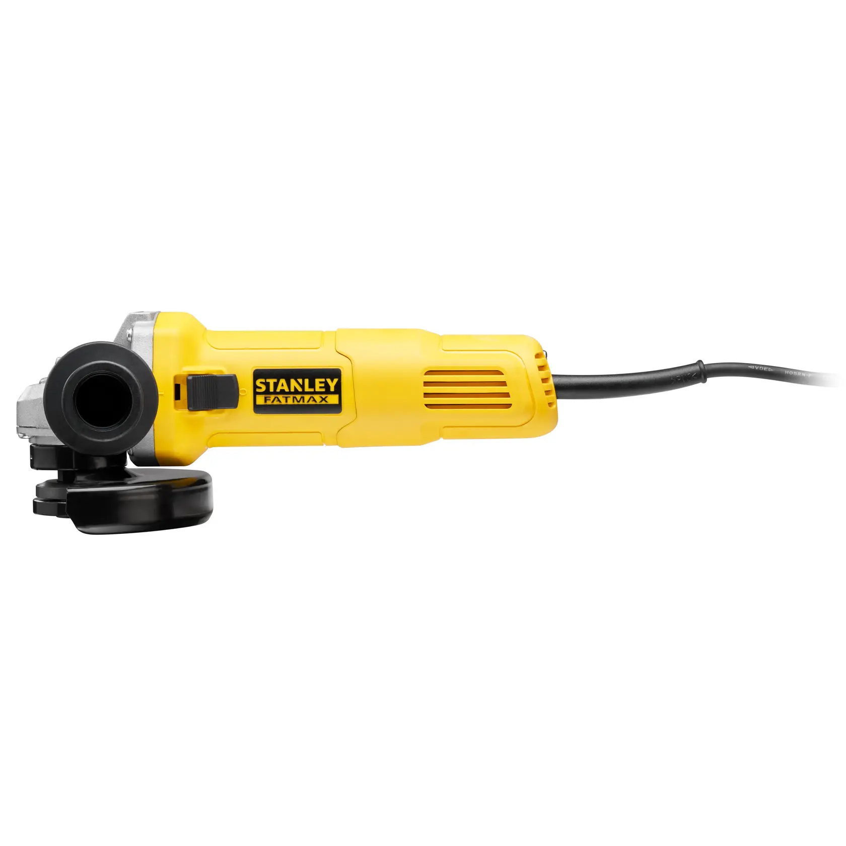 Yellow Stanley Fatmax electric angle grinder with black handle and guard, seen from the side.