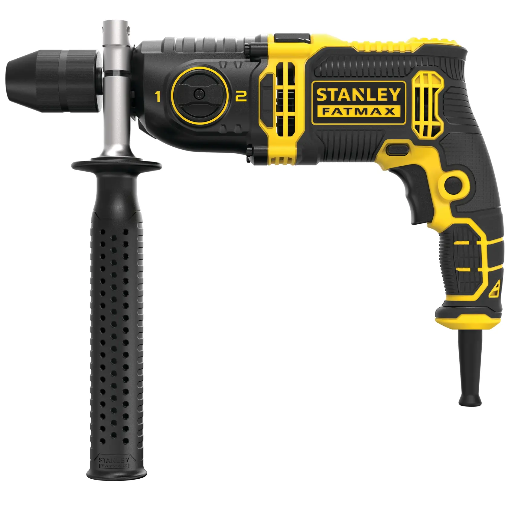 STANLEY FMEH1100K corded hammer drill, black and yellow, side angle, with auxiliary handle.