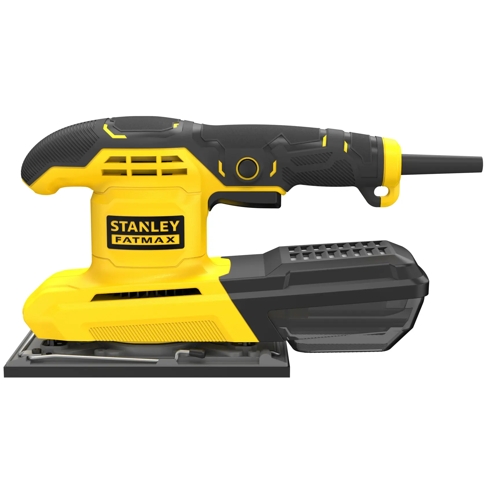STANLEY FMEW214K yellow and black rectangular sander, side angle, with dust box and ergonomic grip.