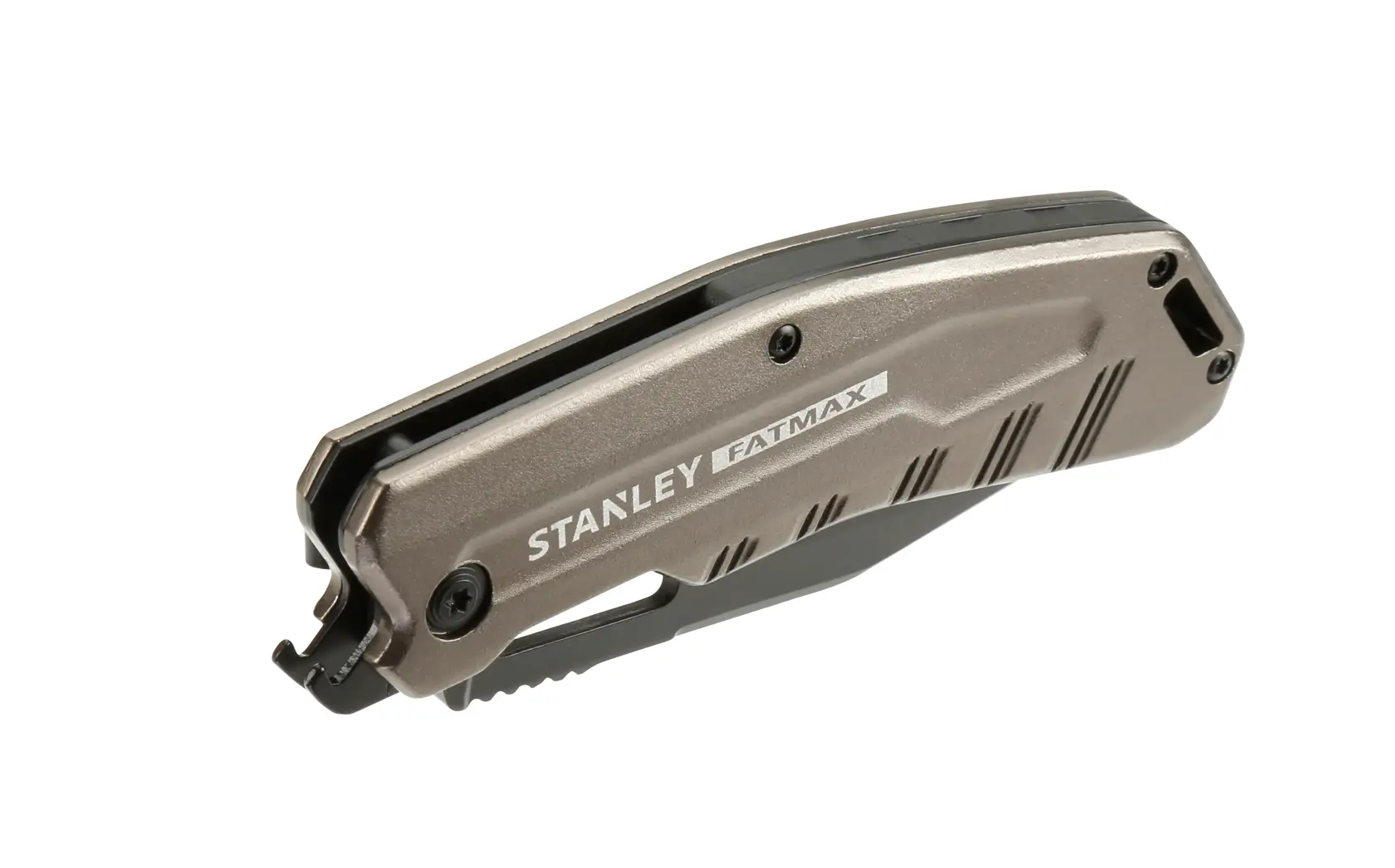 Photo of STANLEY FMHT0-10312 folding utility knife, closed position, metallic grey handle, angled on white background.