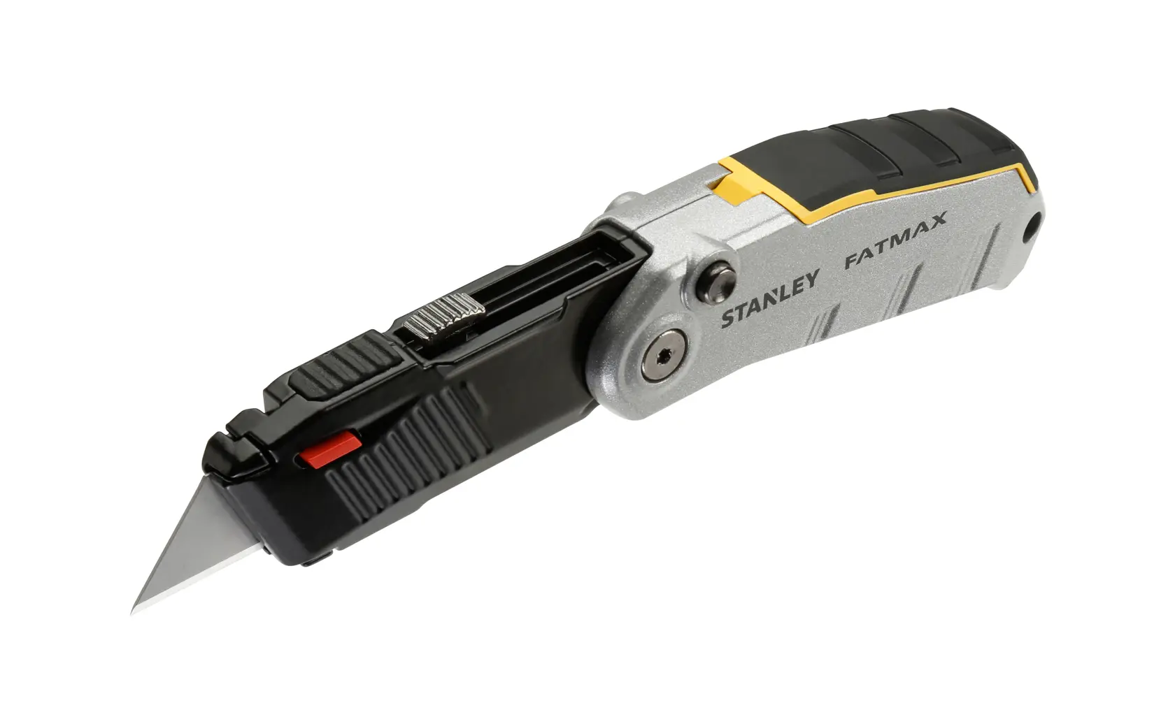 STANLEY FMHT0-10320 folding utility knife, silver and black, side angle on white background.