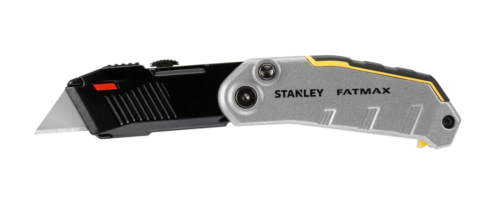 STANLEY FMHT0-10320 utility knife with silver and black handle, FATMAX branding, left side view, on white background.