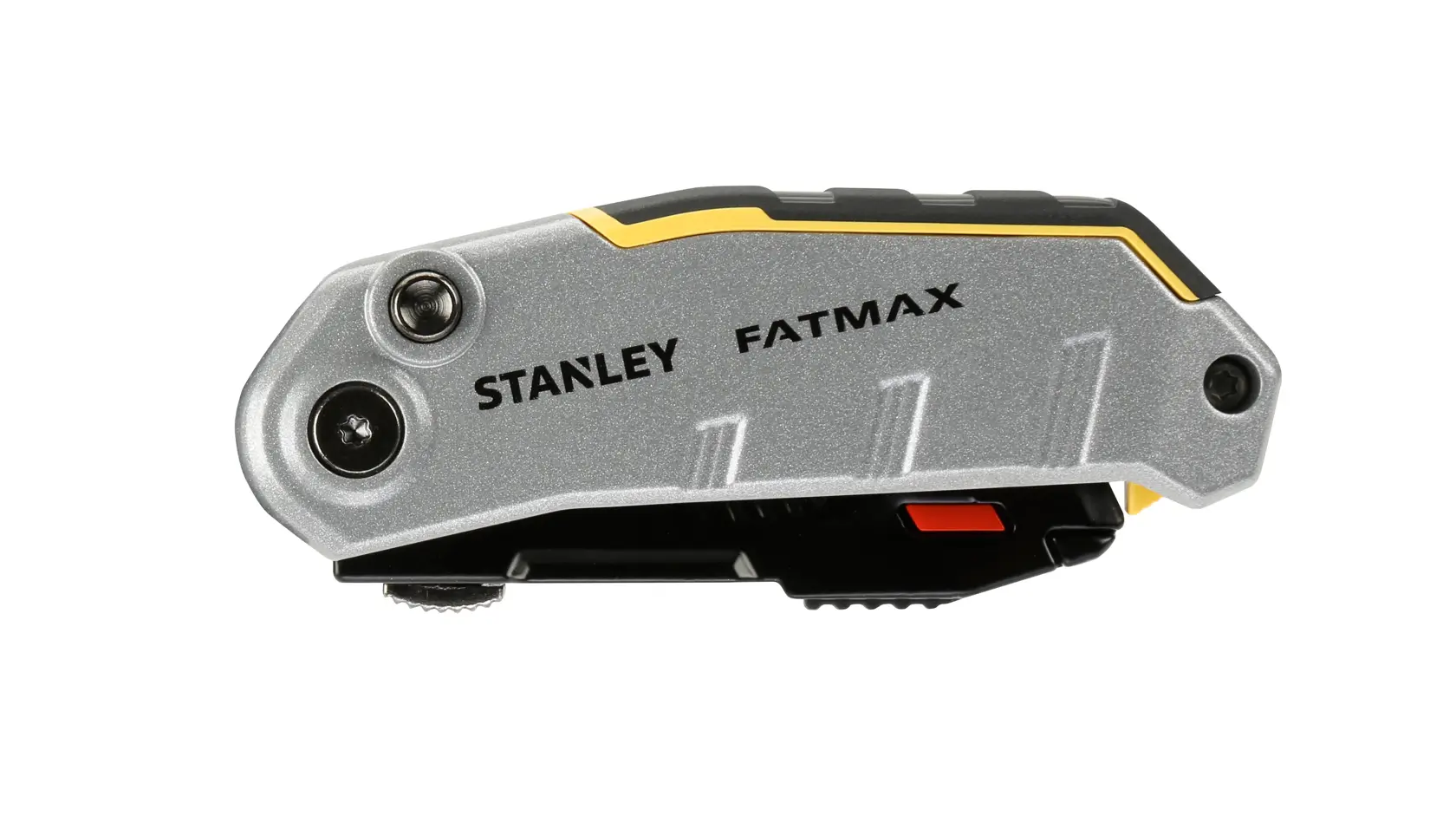 Stanley FatMax folding utility knife with metallic finish, closed, black and yellow accents.