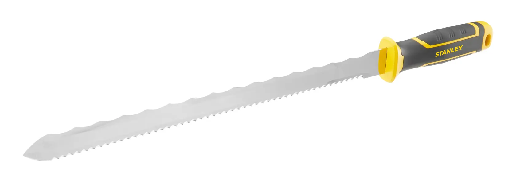STANLEY FMHT0-10327 long serrated hand saw with black and yellow handle, side angle, on white background.
