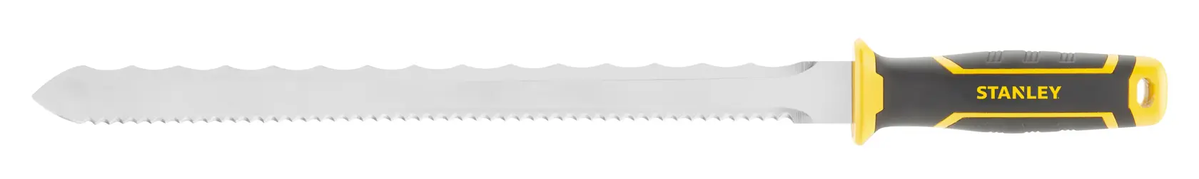 STANLEY FMHT0-10327 hand saw with serrated stainless steel blade and black-yellow handle, side view.