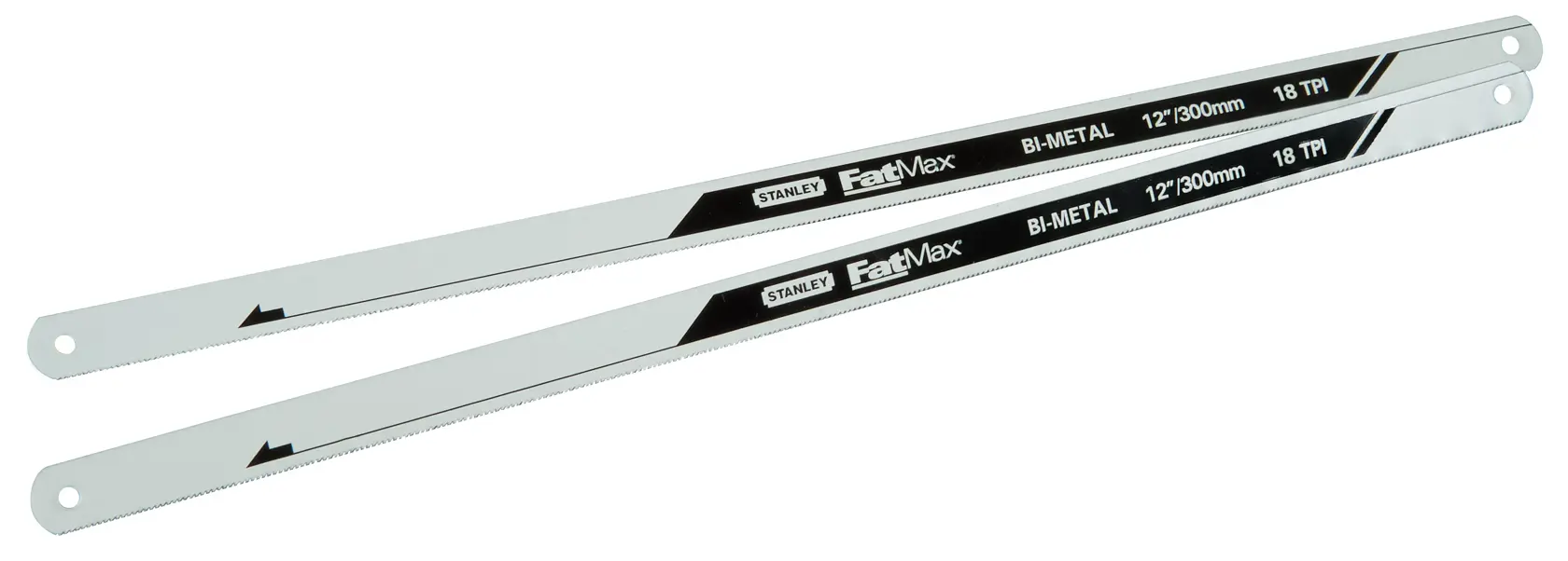 STANLEY FMHT0-20194 bi-metal hacksaw blades, 12 inch, 18 TPI, photography, white background, two pieces.