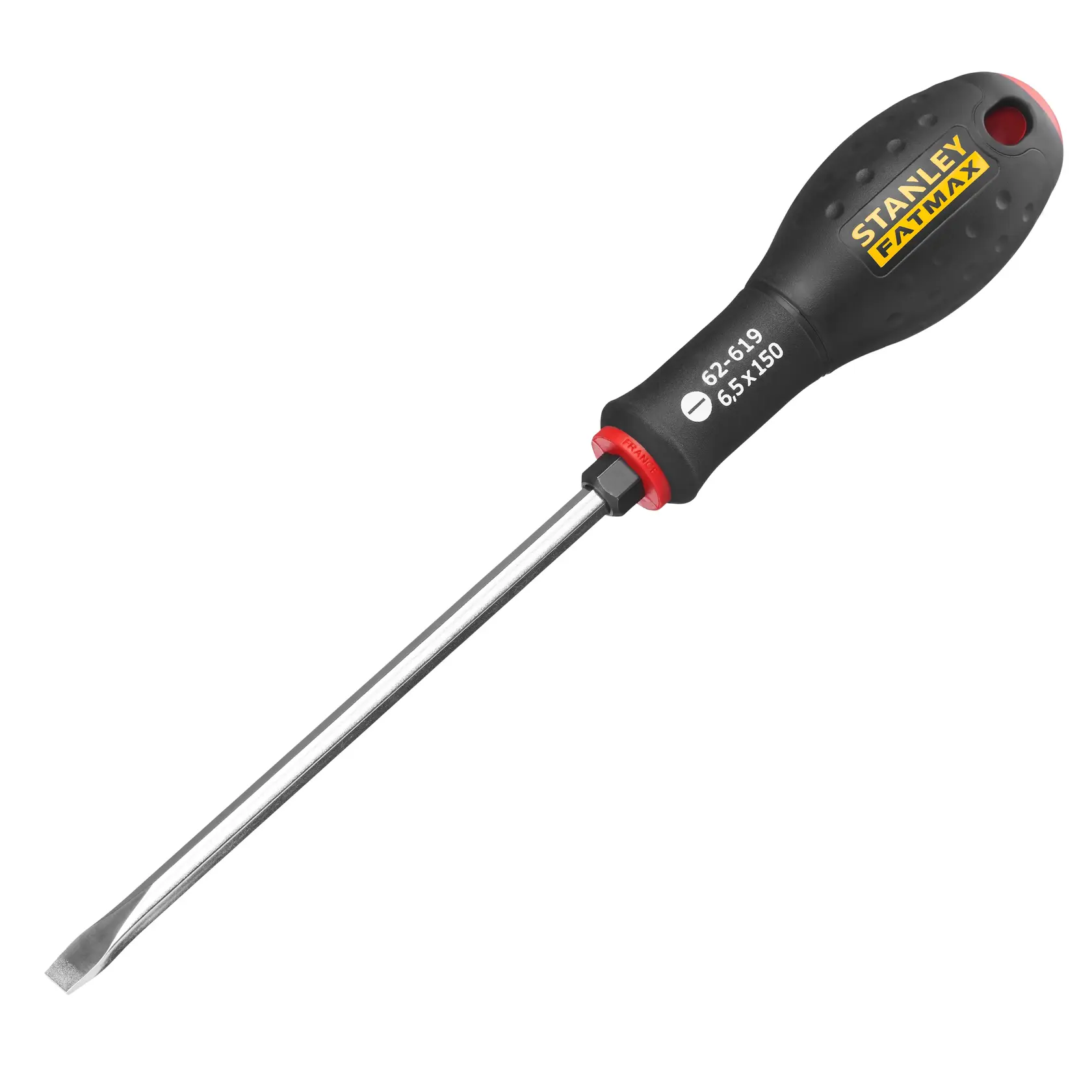 STANLEY FMHT0-62619 flathead screwdriver with black grip, side angle, product photography