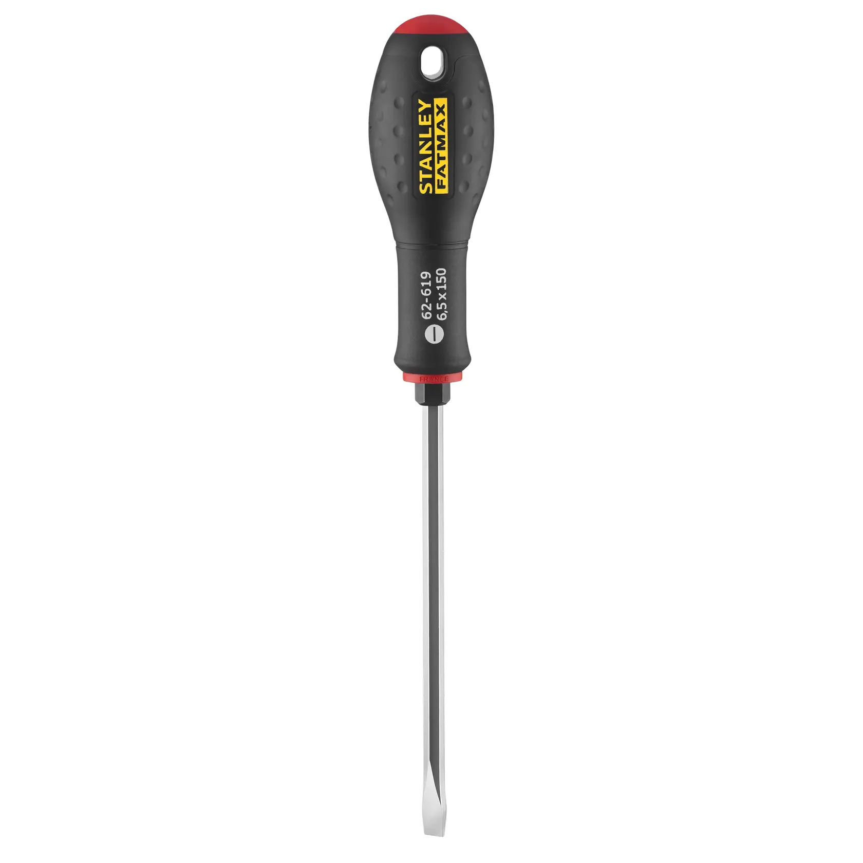 STANLEY FMHT0-62619 slotted screwdriver, black and yellow handle, front view on white background.