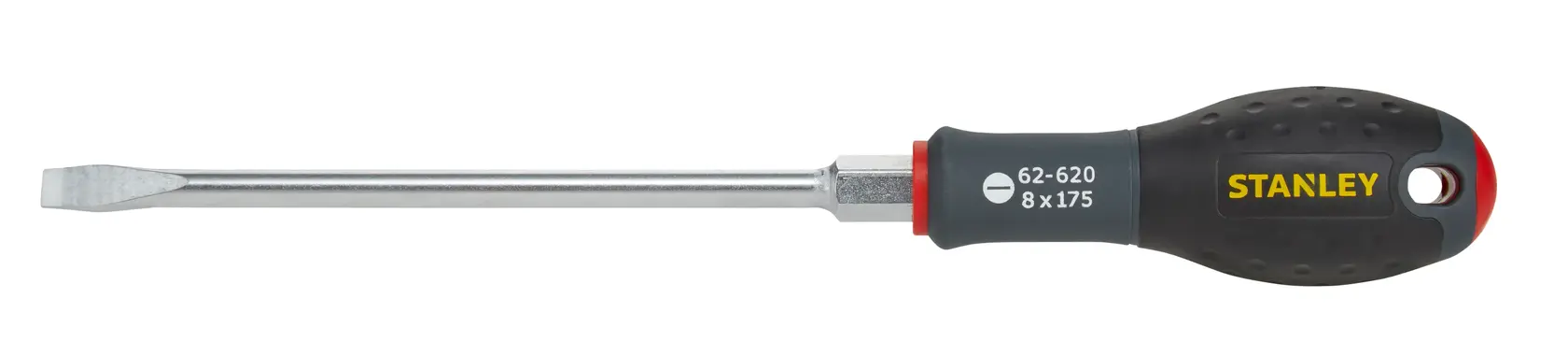 Stanley FMHT0-62620 flathead screwdriver with black grip, side angle, photography on white background.