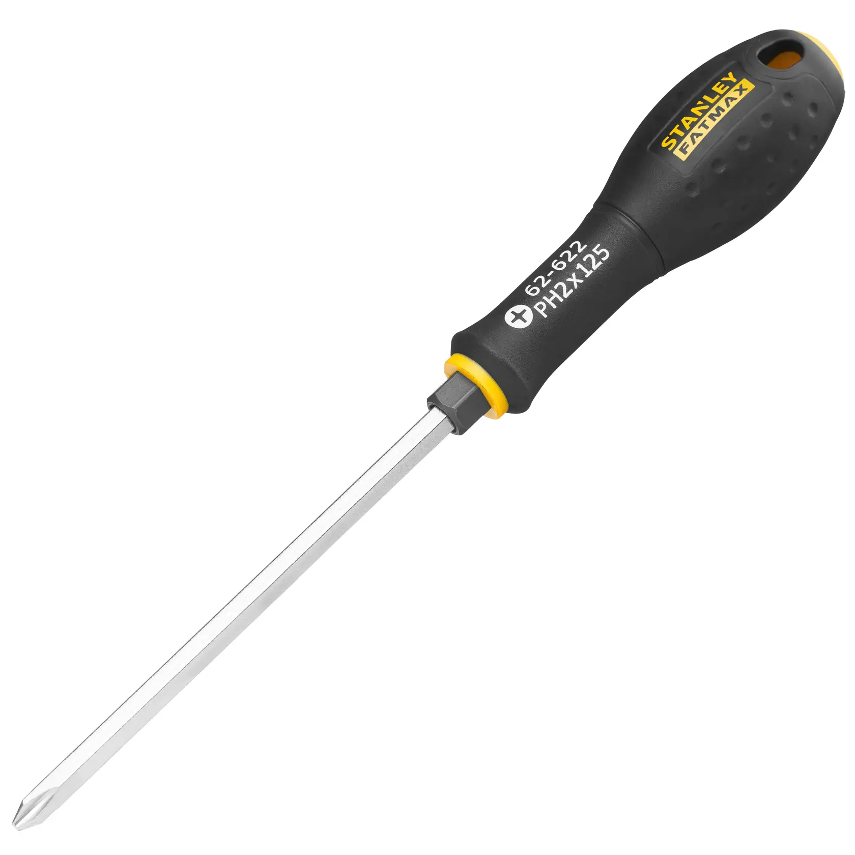 STANLEY FMHT0-62622 Phillips screwdriver with black and yellow handle, side view, white background.