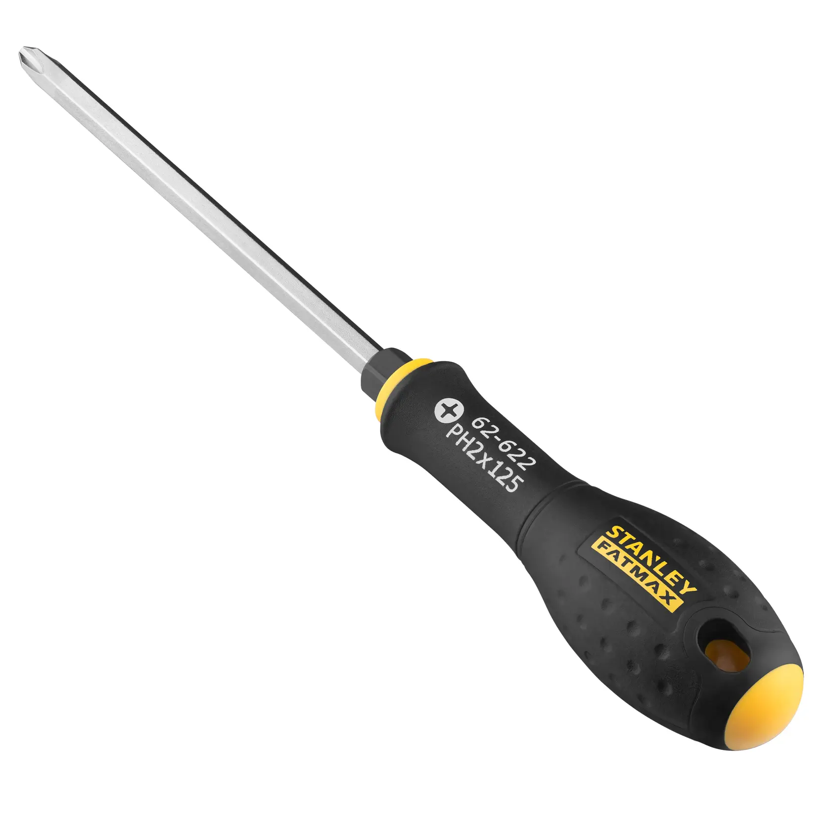 STANLEY FMHT0-62622 Phillips screwdriver with black-yellow handle, angled on white background.