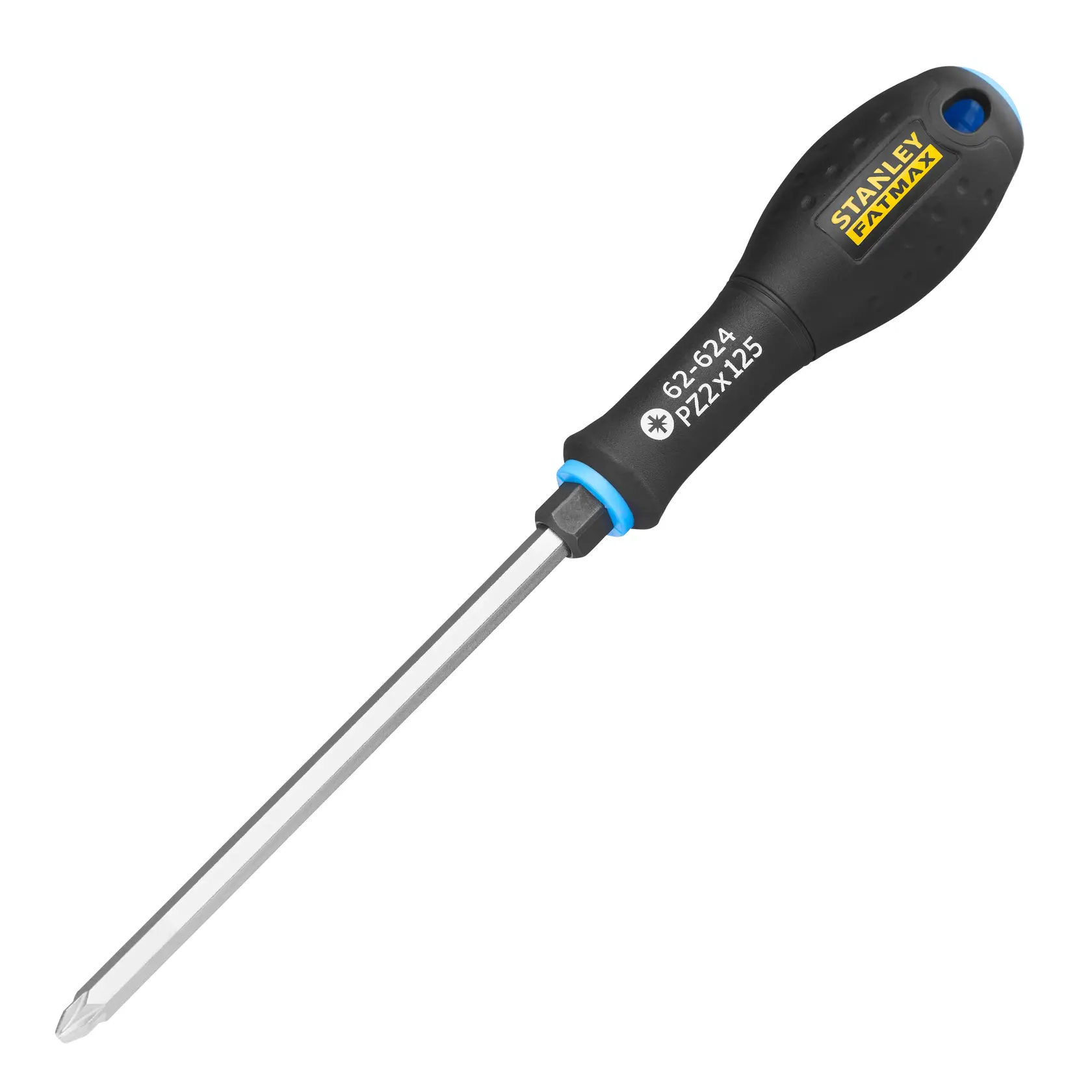 STANLEY FMHT0-62624 black and blue Pozidriv screwdriver, side angle, photography on white background.