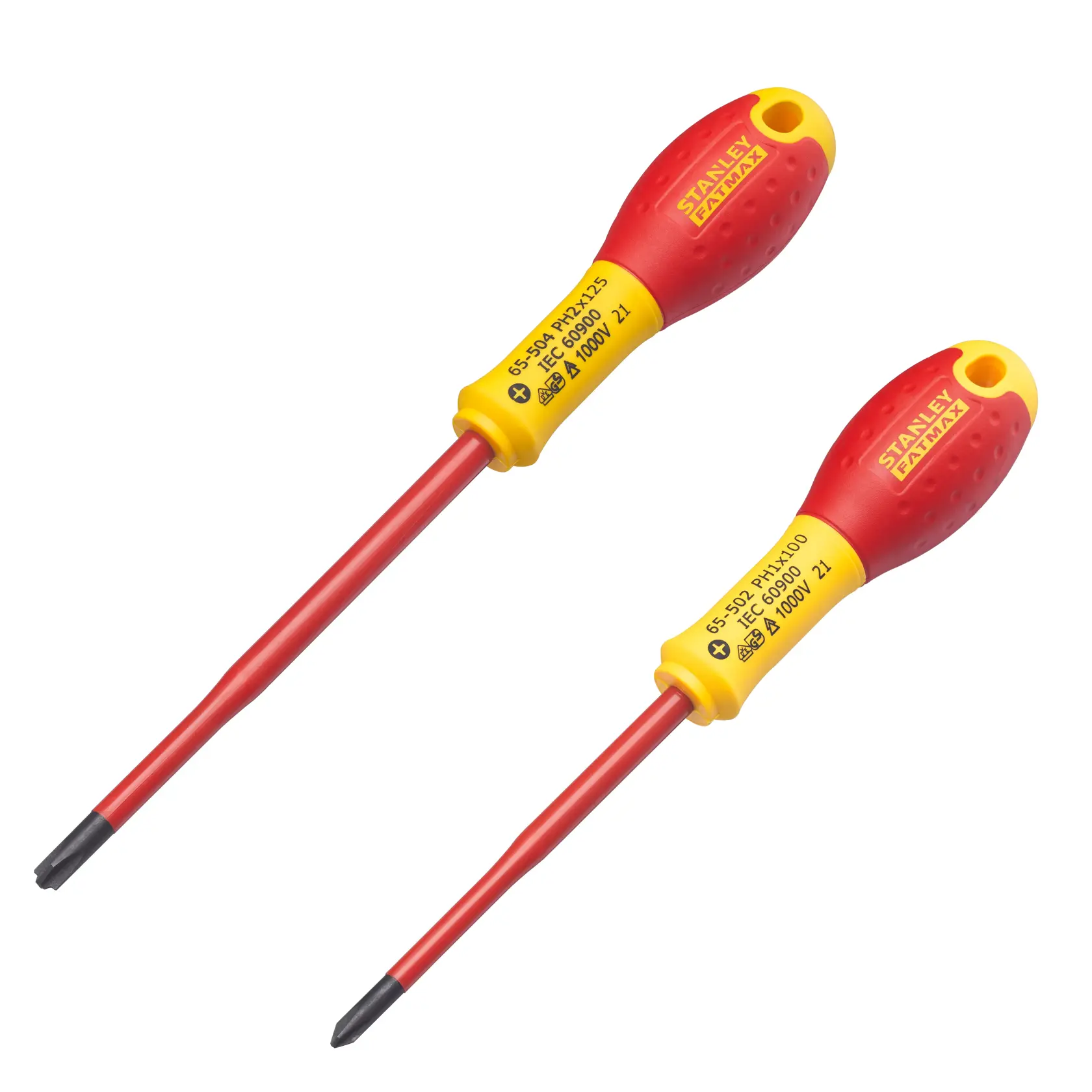 Two insulated Stanley FATMAX screwdrivers with red handles and yellow labeling, designed for electrical work.