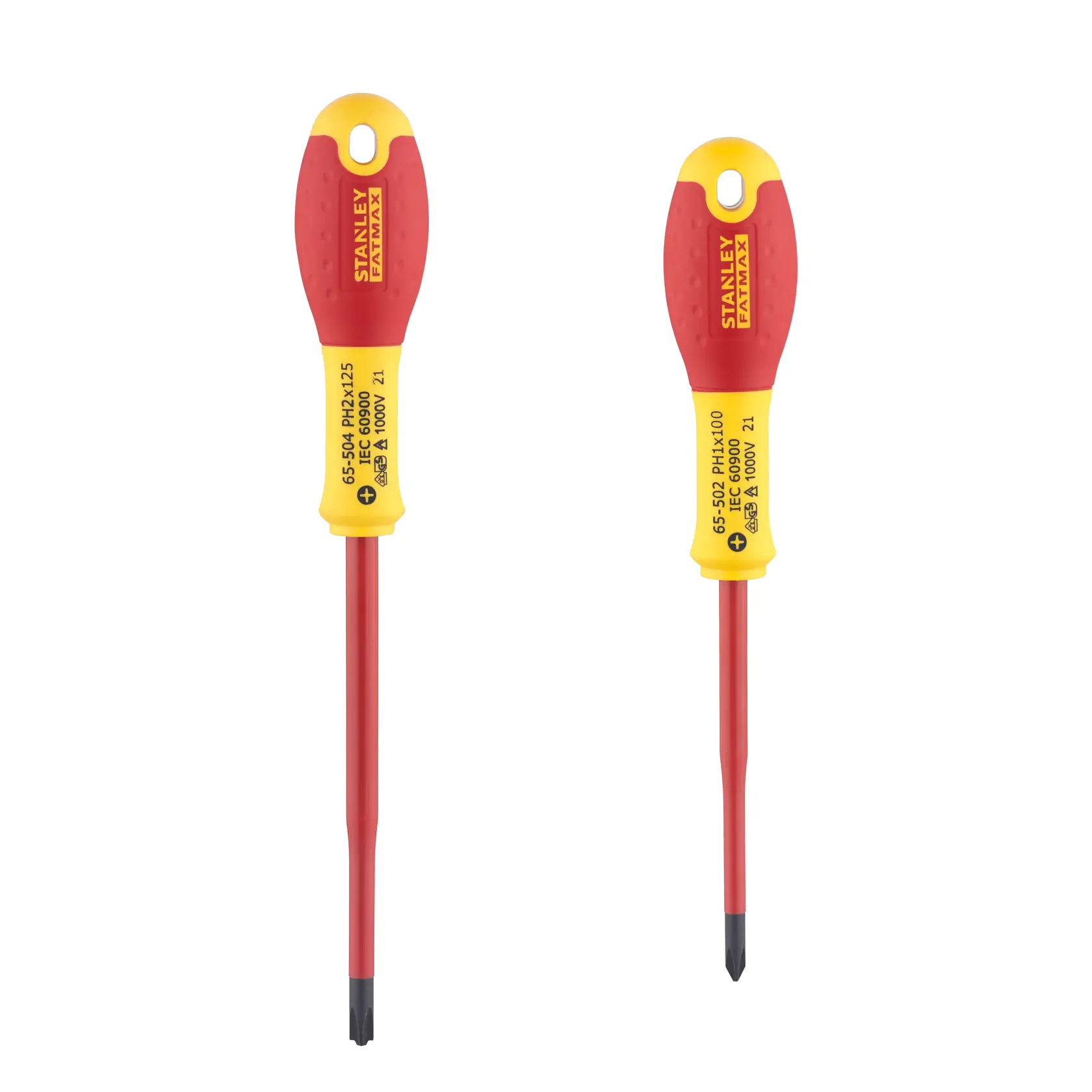 Two insulated Stanley screwdrivers with red and yellow handles, shown upright on a white background.