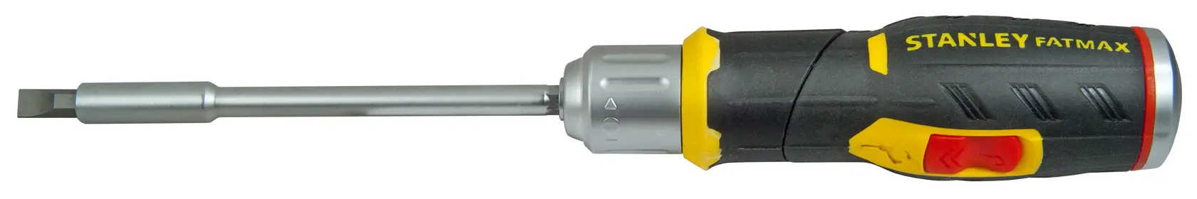 Stanley Fatmax multi-bit screwdriver with ergonomic black, yellow, and red handle shown on white background.