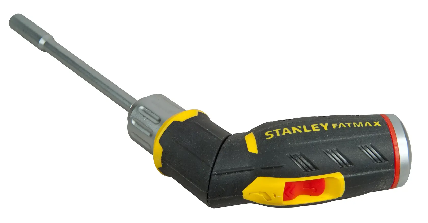 Stanley FatMax ratcheting screwdriver with ergonomic handle and adjustable shaft, black and yellow design.