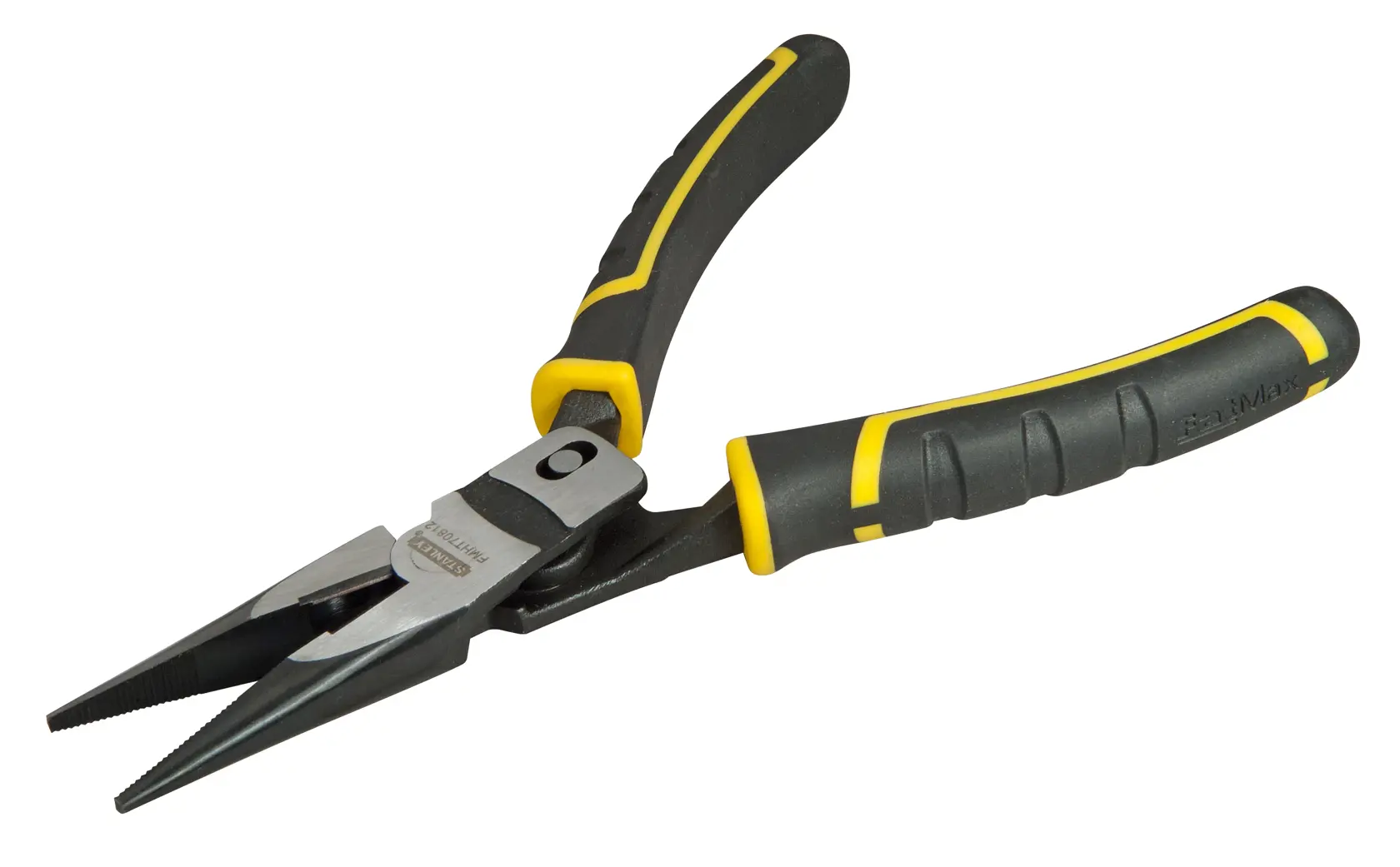 Stanley FMHT0-70812 long nose pliers with black and yellow grips, side angle on white background.