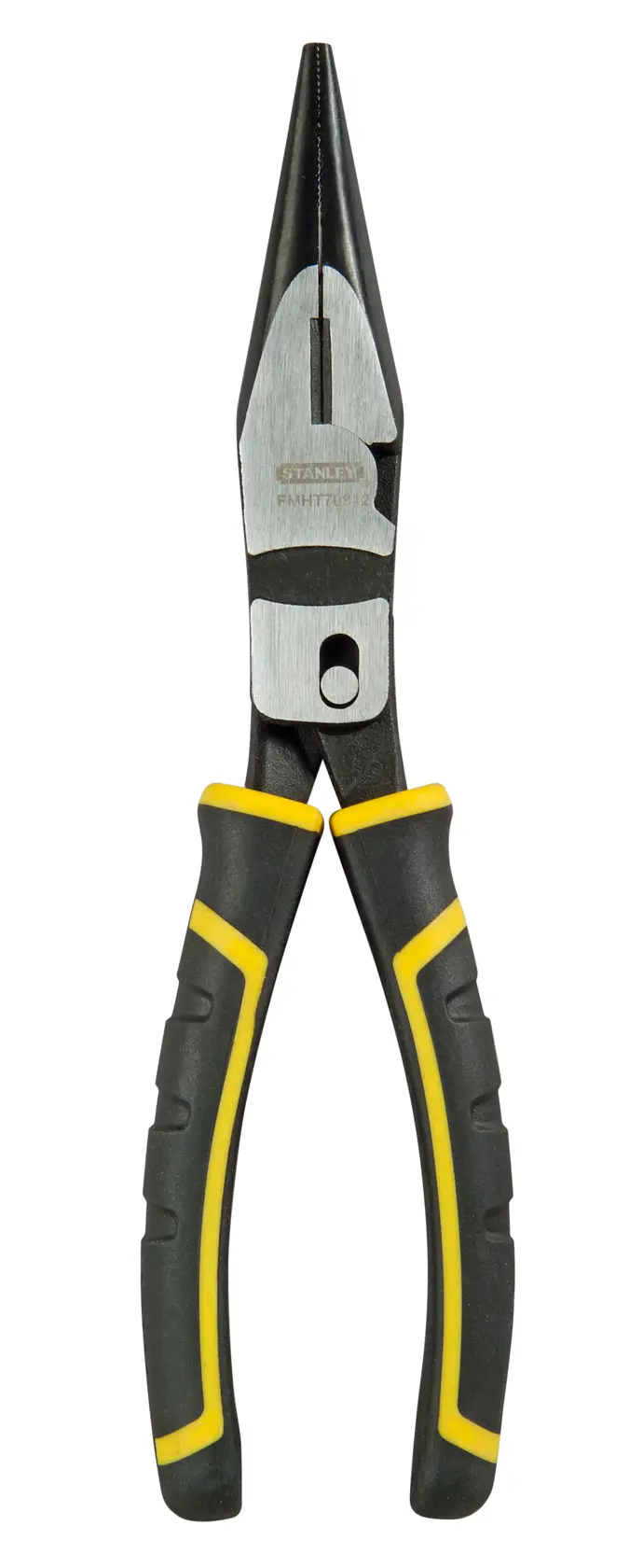Stanley long nose pliers with black and yellow handles, shown upright on white background.