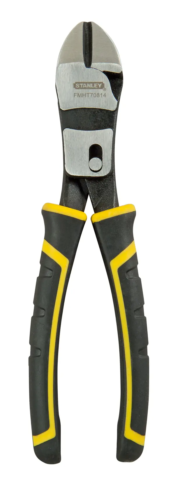 Stanley FMHT0-70814 diagonal cutting pliers with black and yellow handles, shown on a white background.