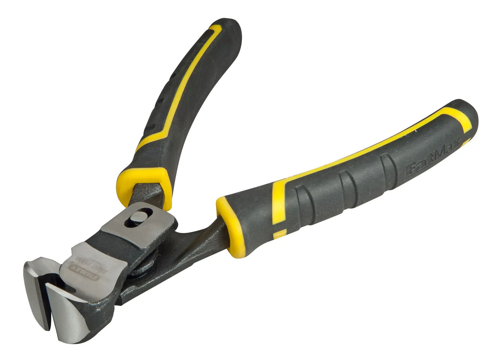 STANLEY FMHT0-71851 end cutting pliers with black and yellow ergonomic handles, angled on white background.